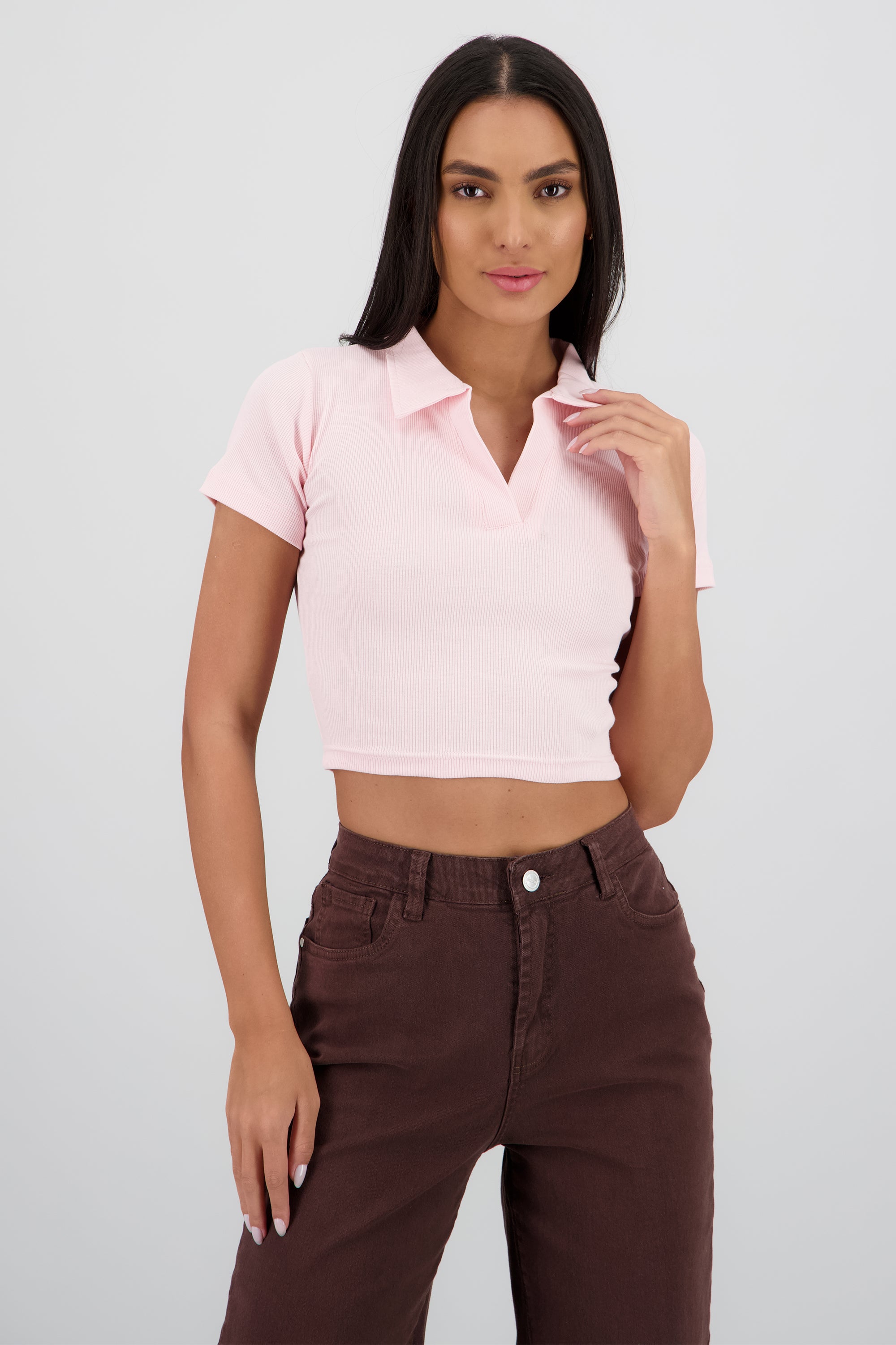 Top Rib Cuello Polo Liso ROSA PASTEL