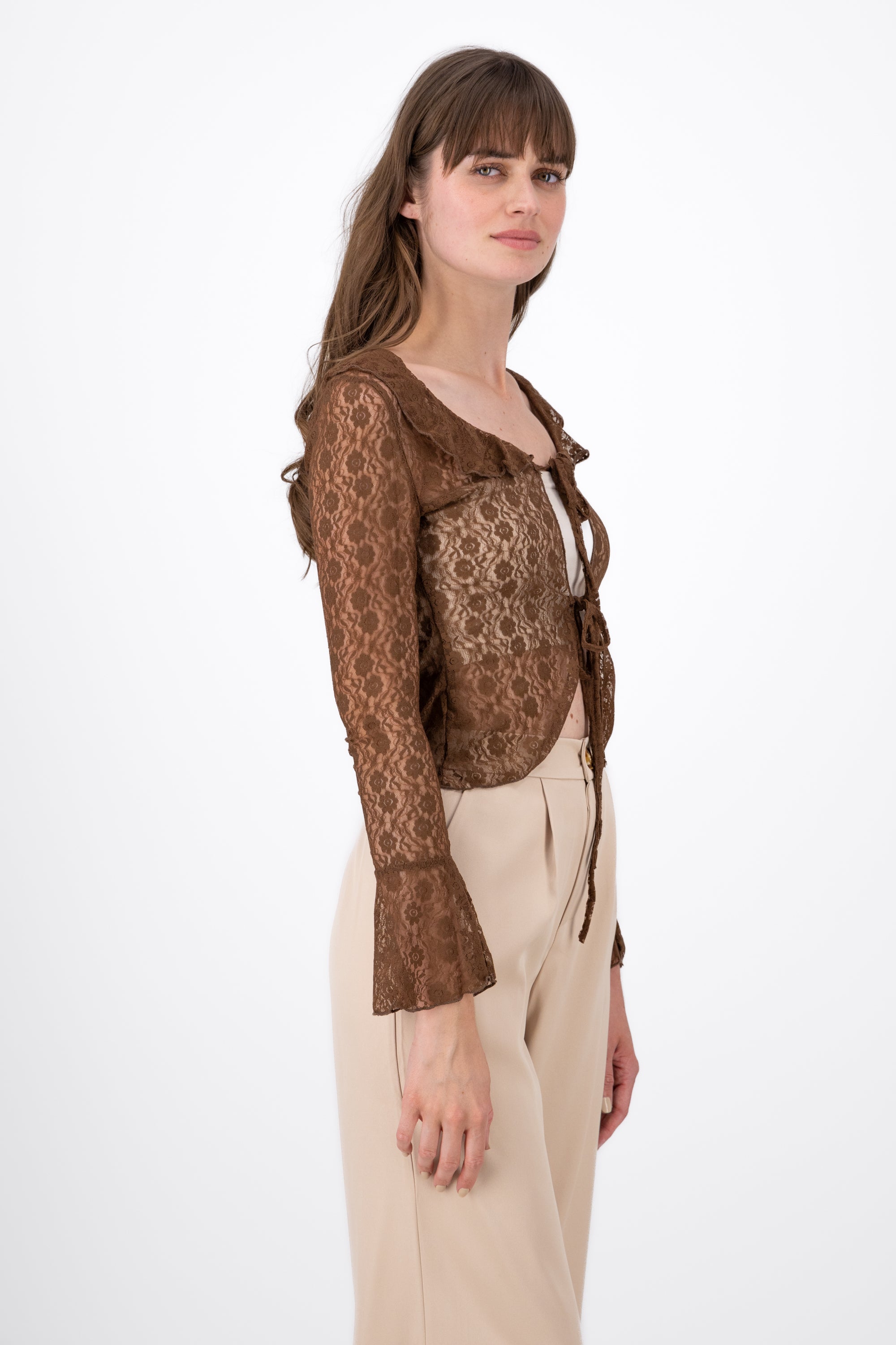 Long sleeve lace blouse COFFEE