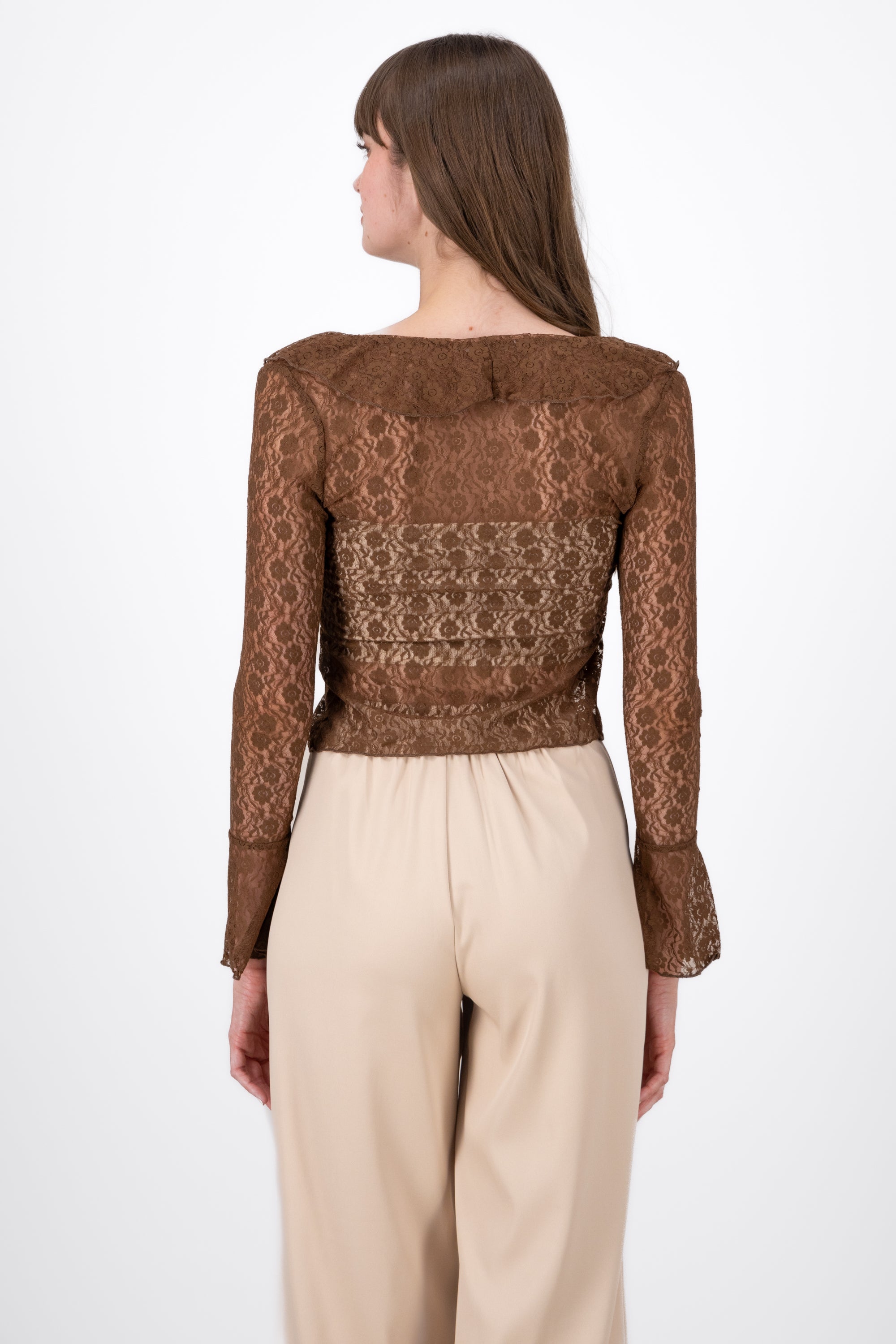 Long sleeve lace blouse COFFEE
