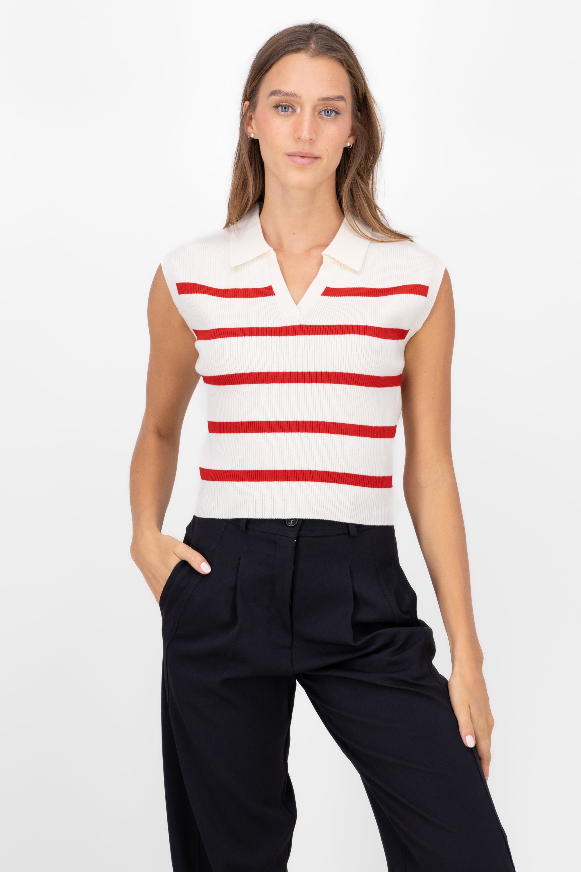 Pole neck striped vest Combo red