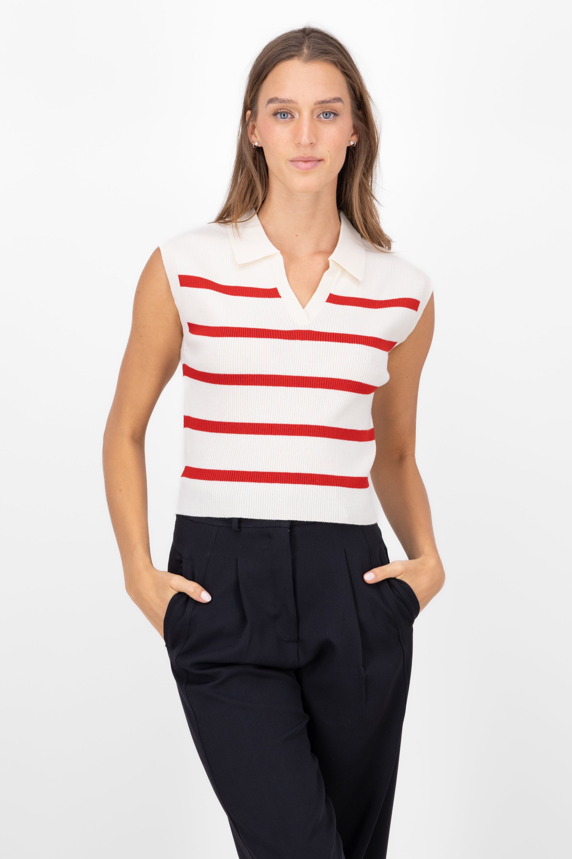 Pole neck striped vest Combo red