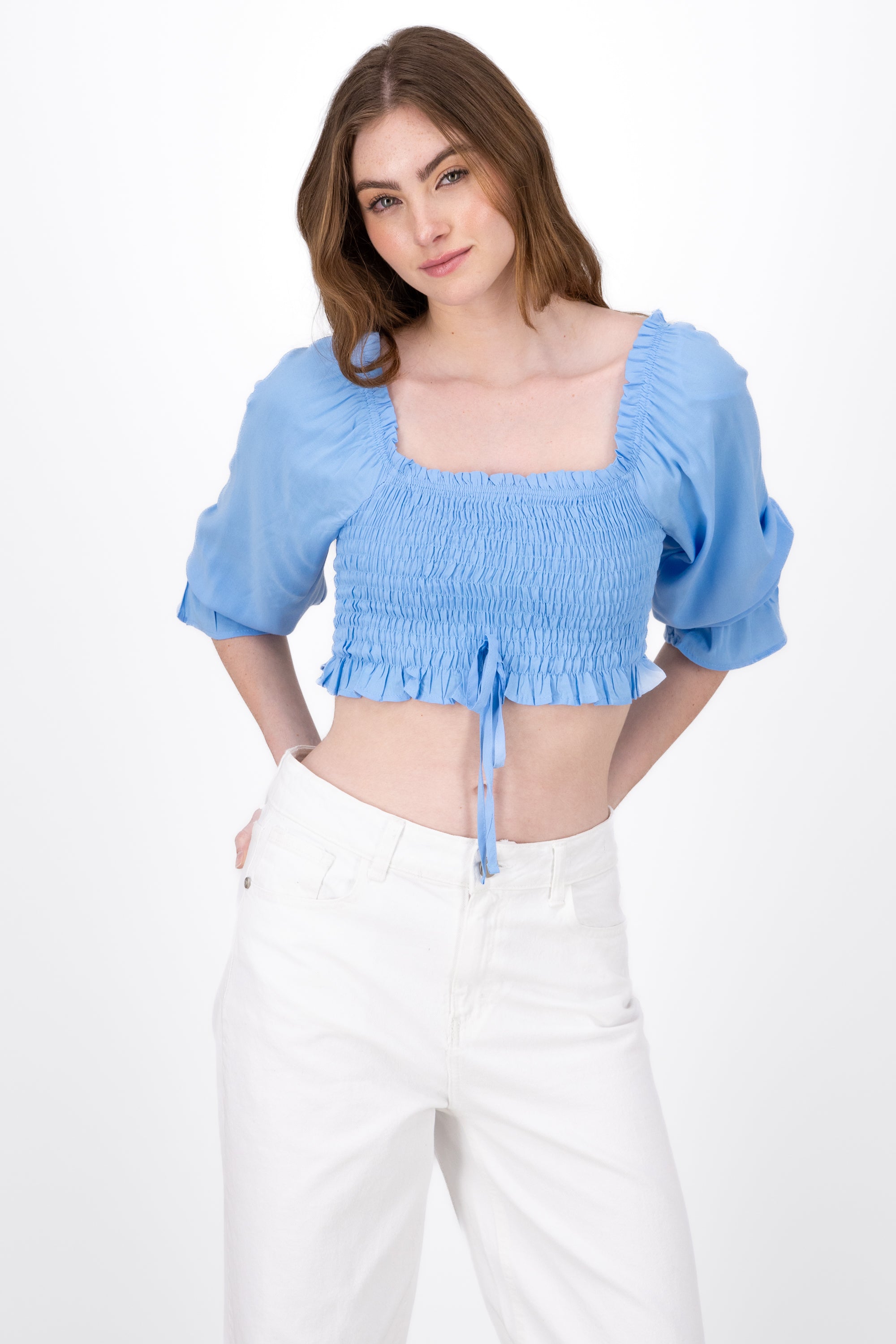 Blusa Manga Larga Abullonada Detalle Resorte AZUL CIELO