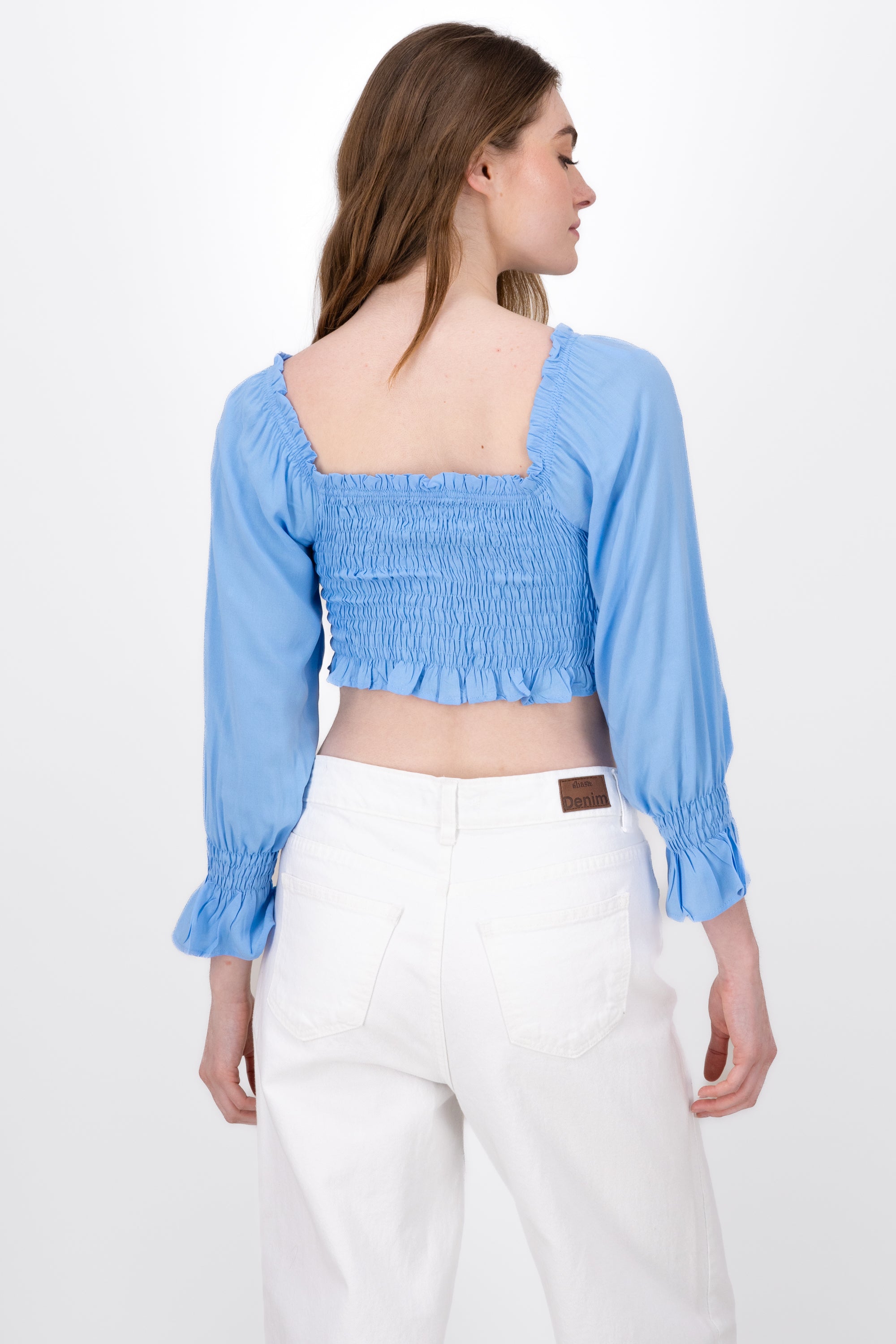 Blusa Manga Larga Abullonada Detalle Resorte AZUL CIELO