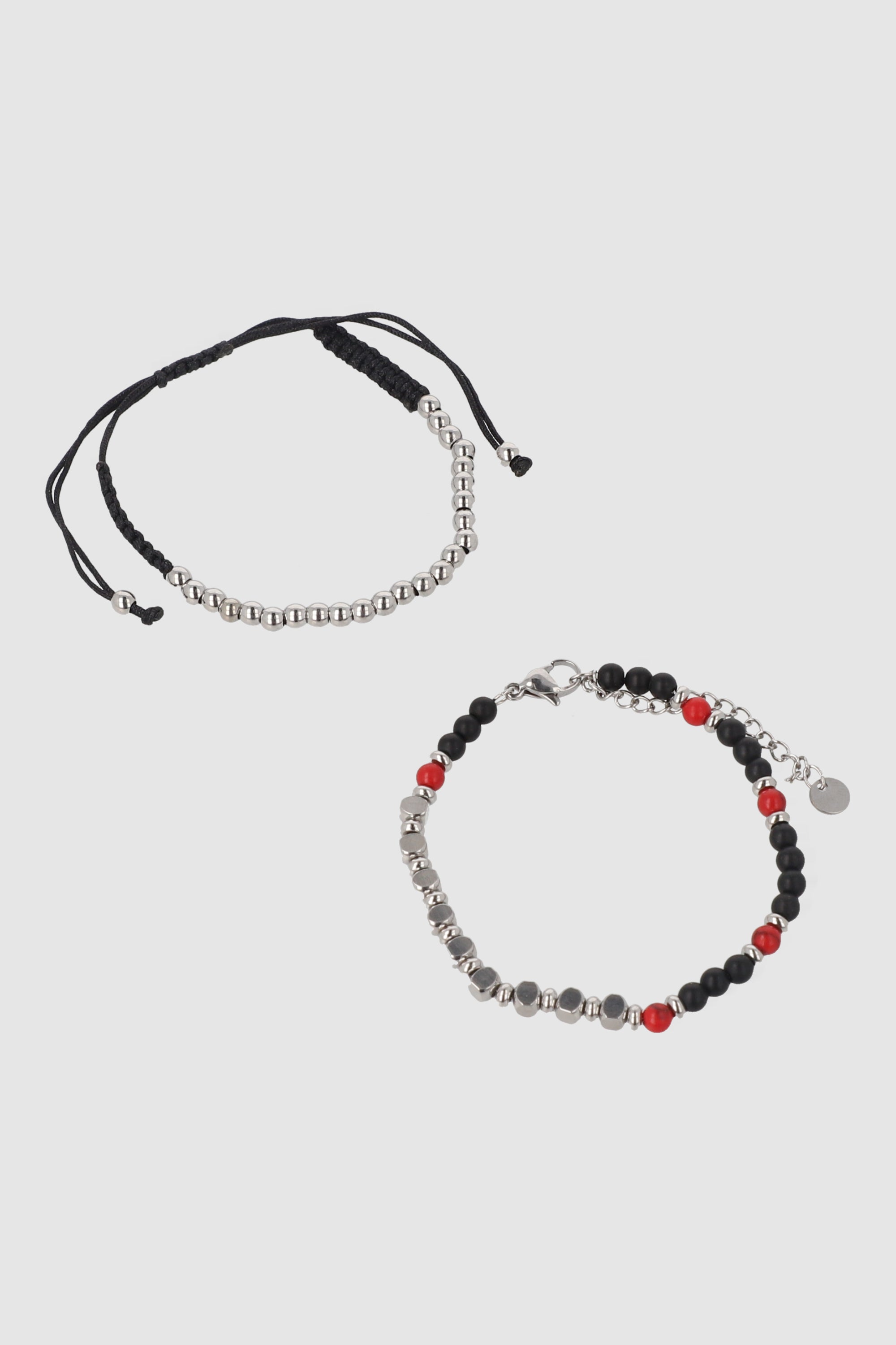 Double stone, steel and cord bracelet set Black Combo