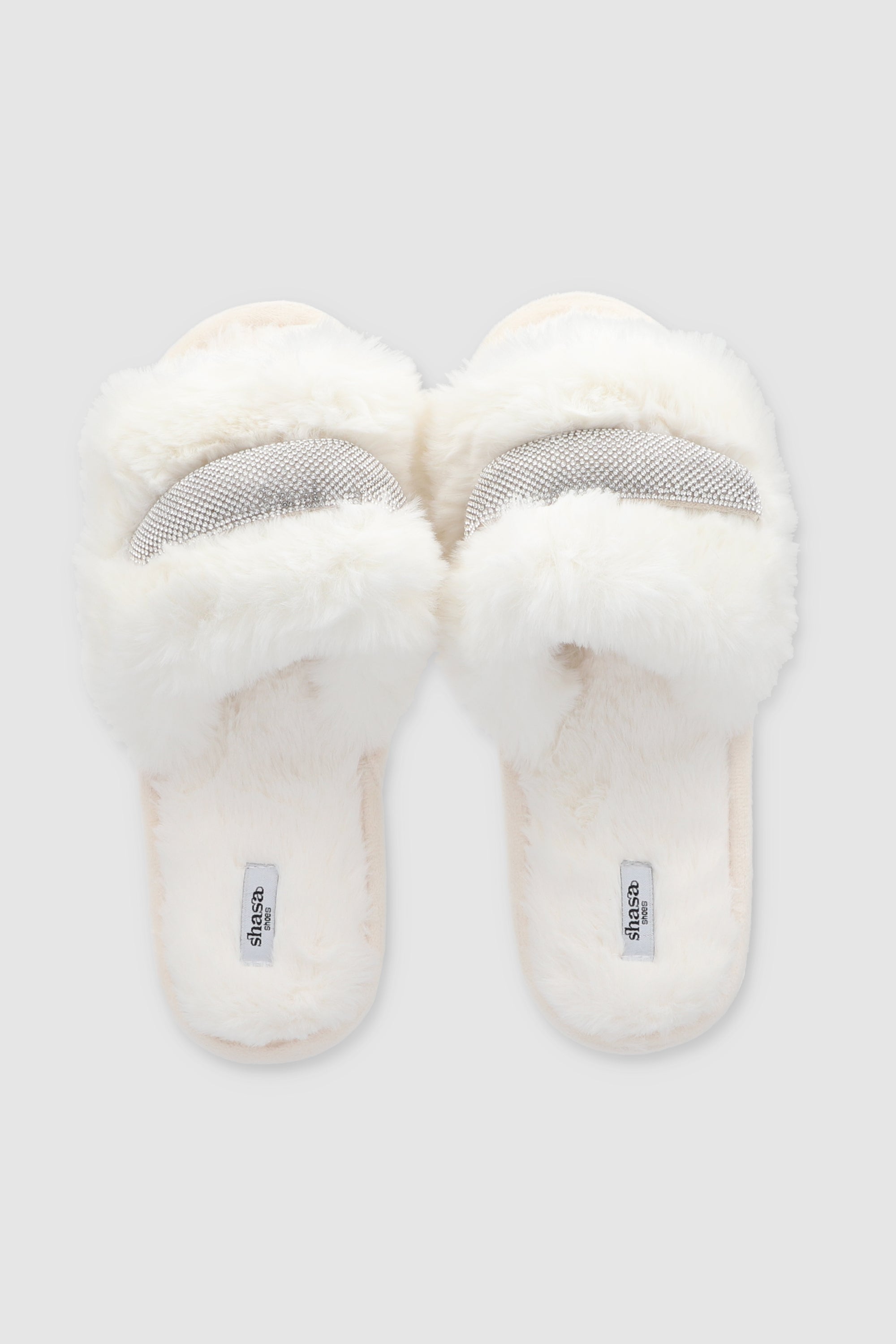 Pantufla fluffy tira brillos BLANCO