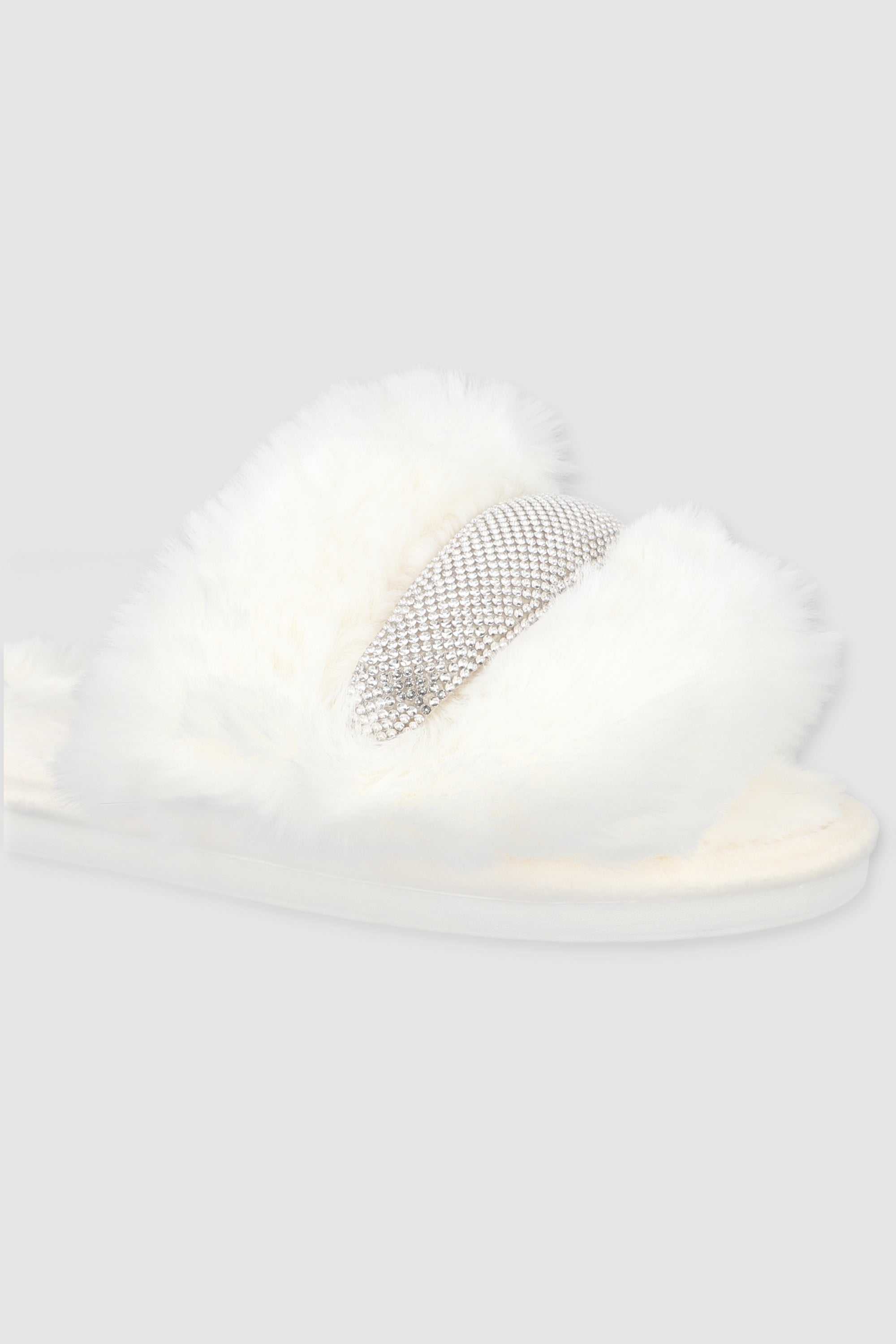 Pantufla fluffy tira brillos BLANCO