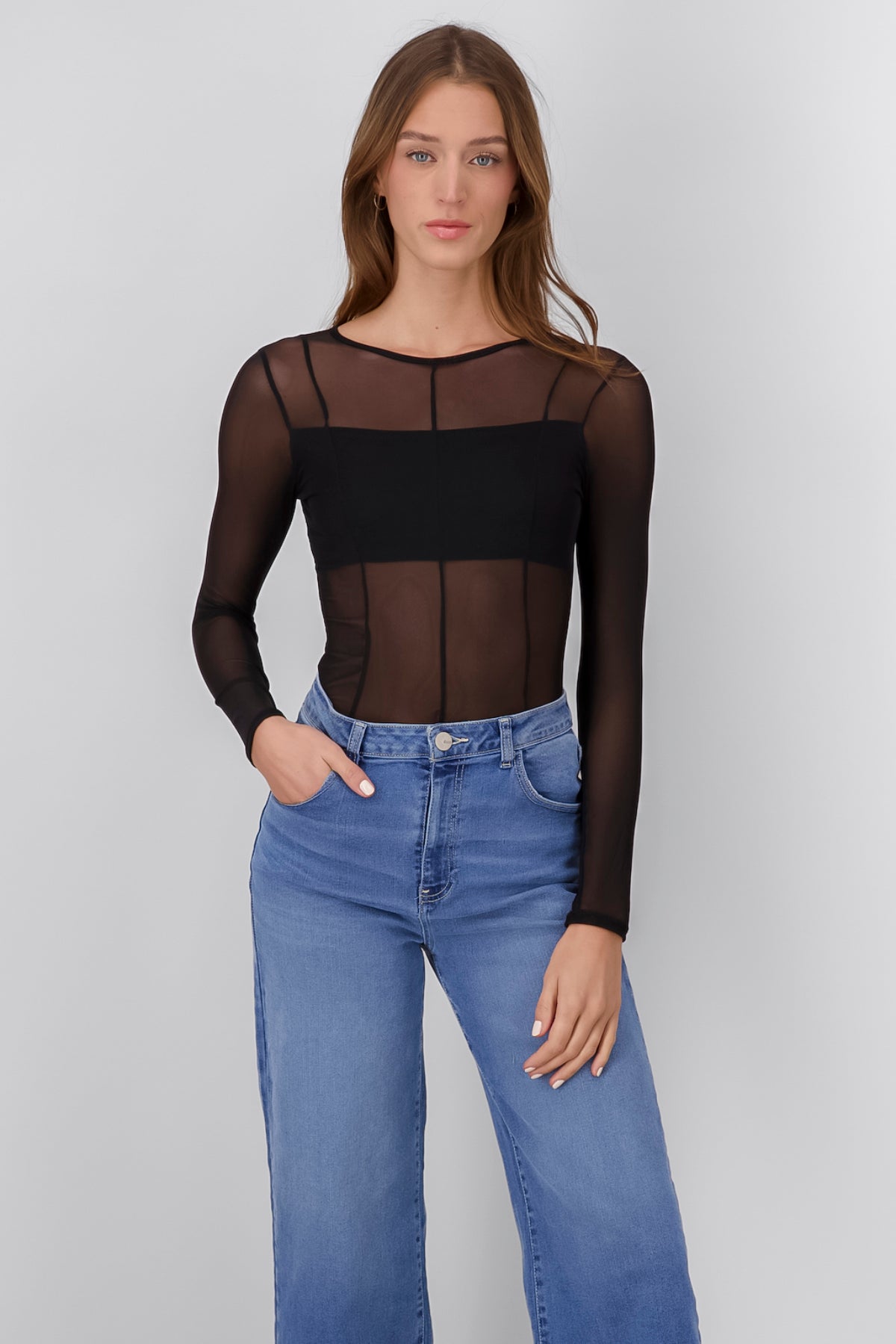 Bodysuit De Manga Larga De Mesh NEGRO