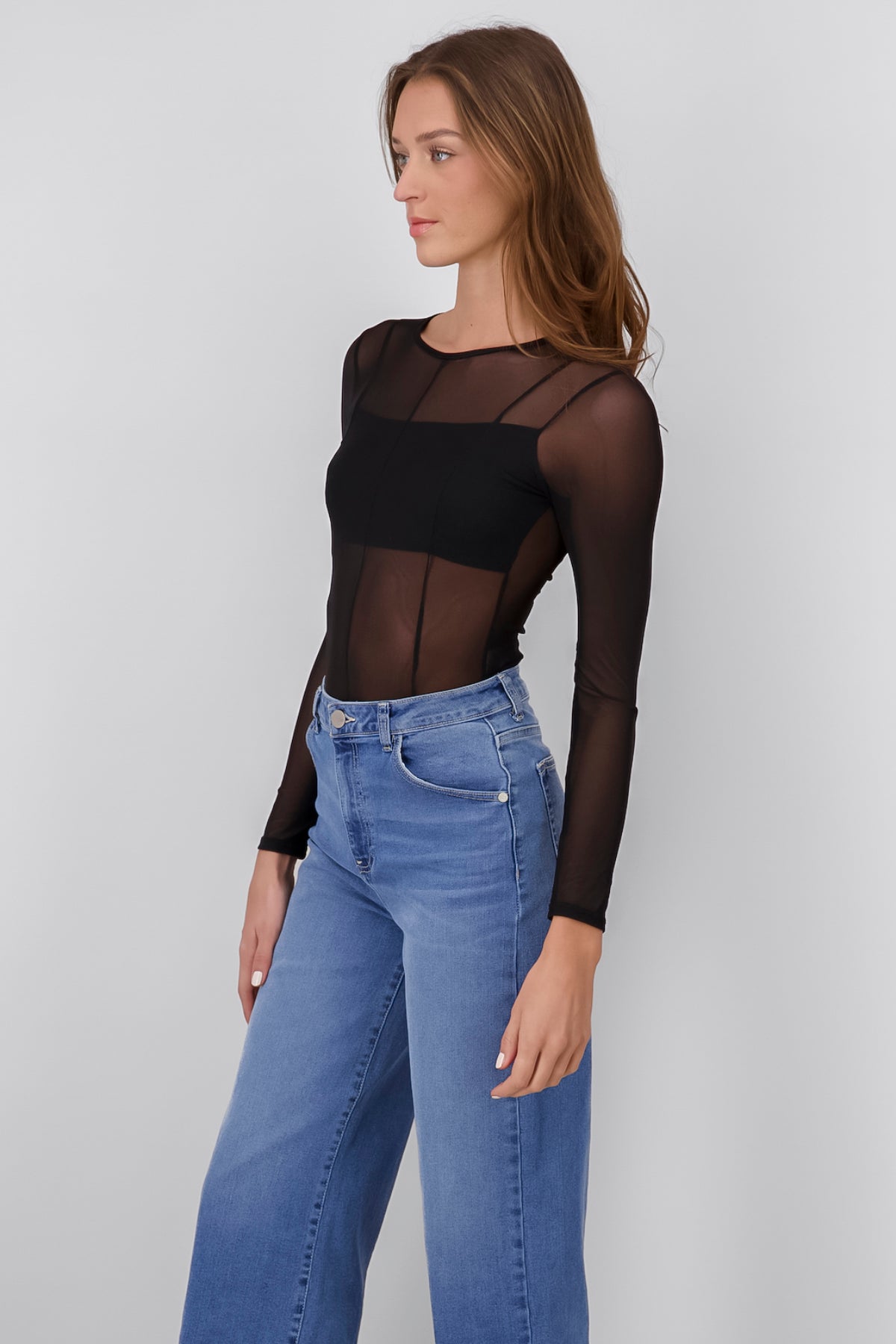 Bodysuit De Manga Larga De Mesh NEGRO