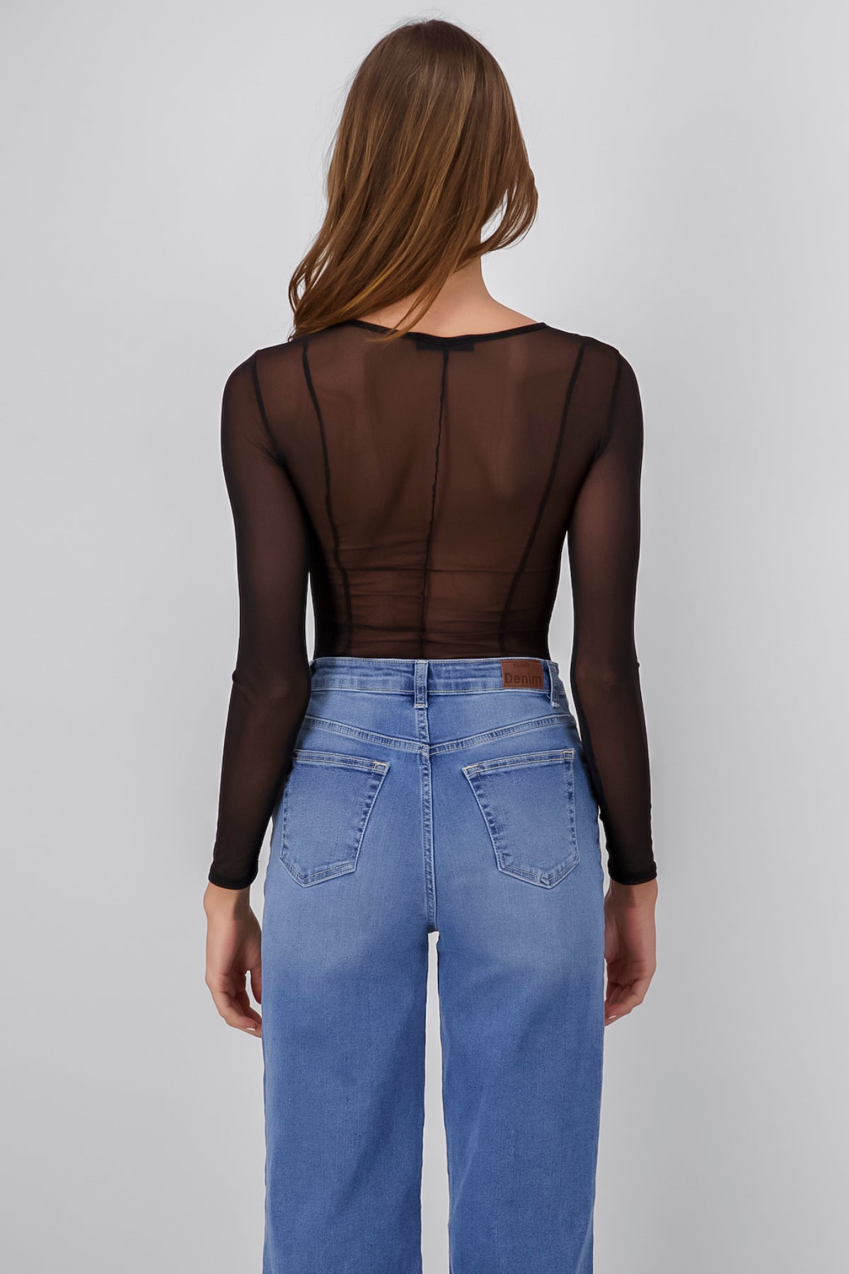 Bodysuit De Manga Larga De Mesh NEGRO