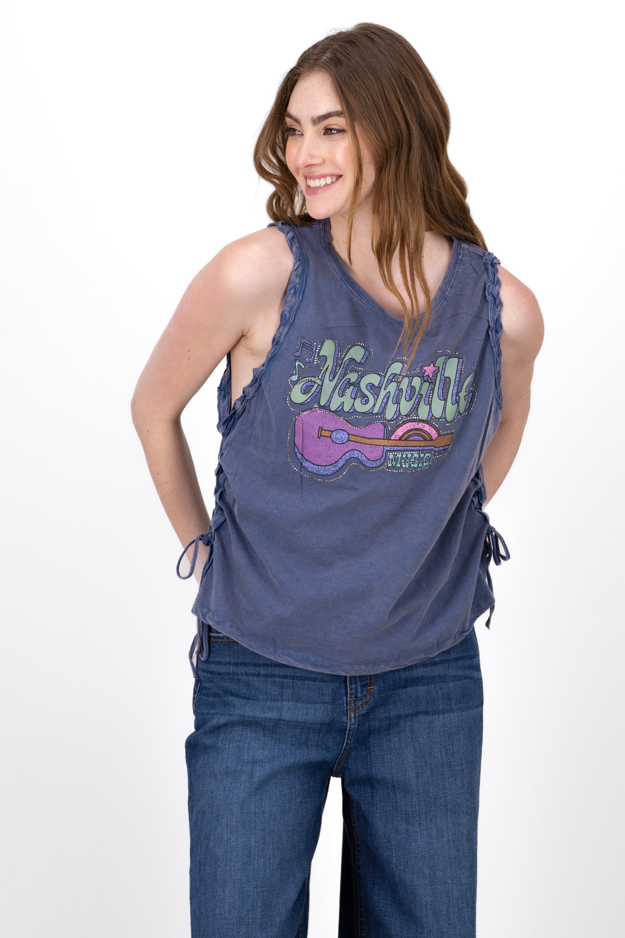 Top Acid Wash Nashville Print BLUE