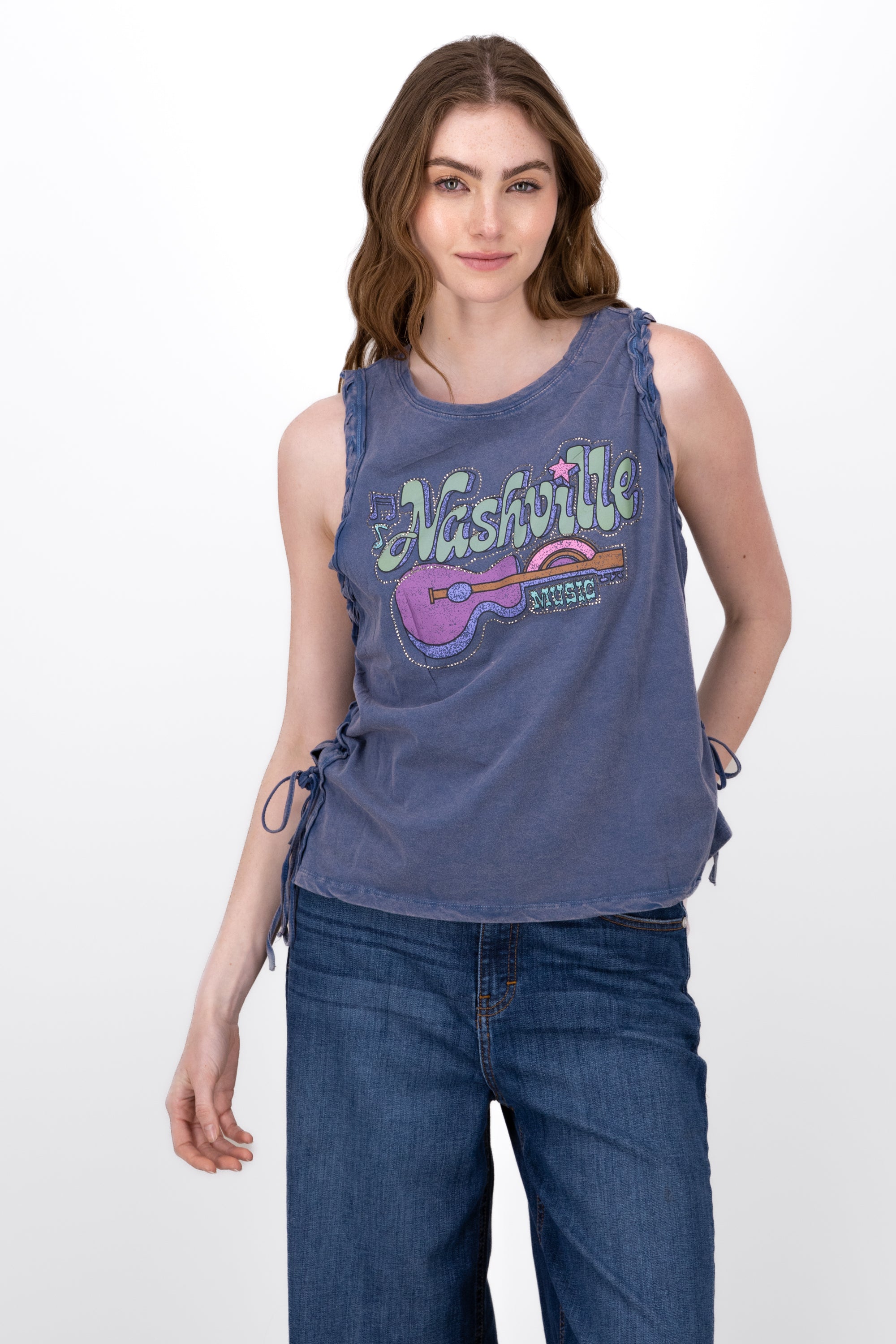 Top Acid Wash Nashville Print BLUE