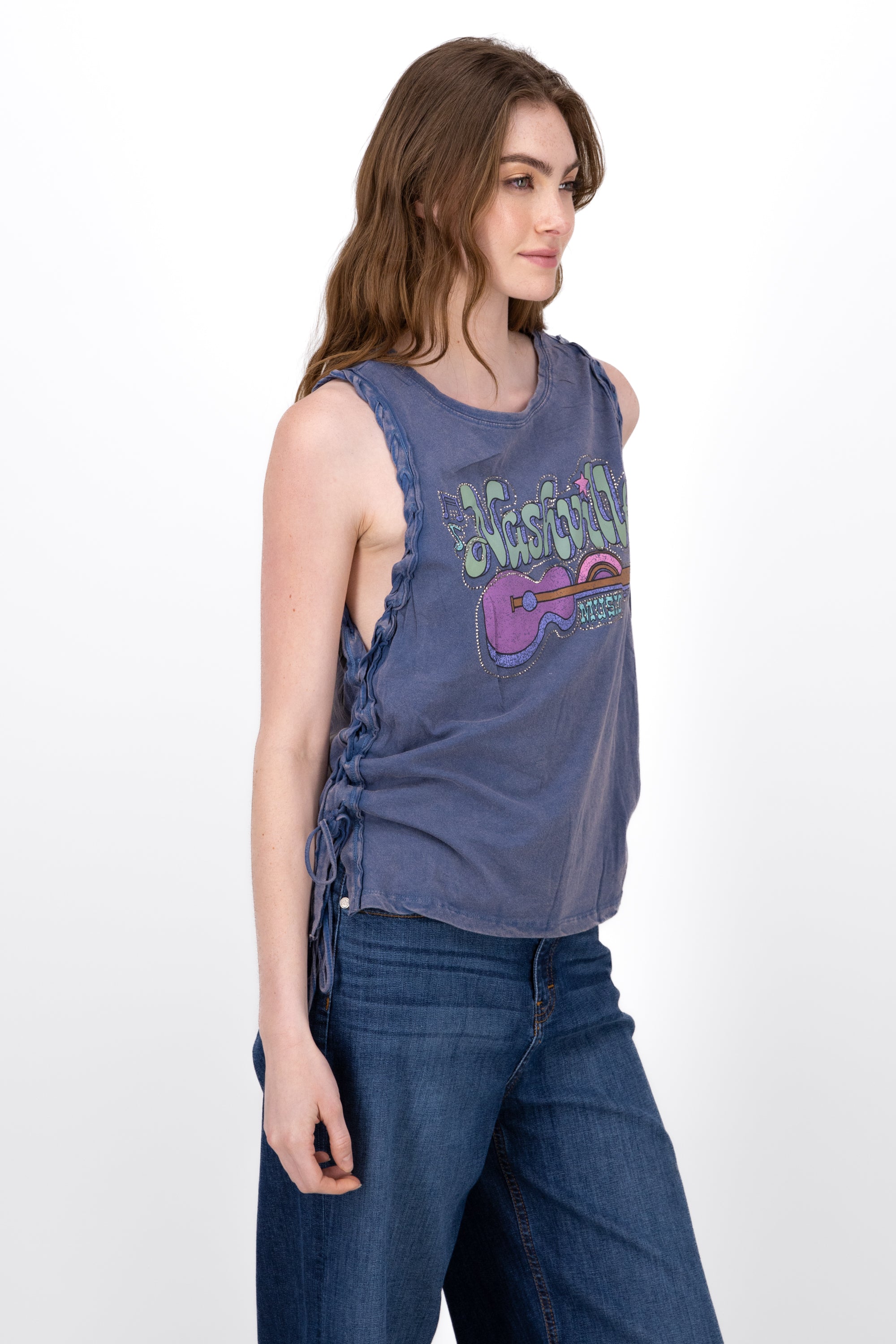 Top Acid Wash Nashville Print BLUE