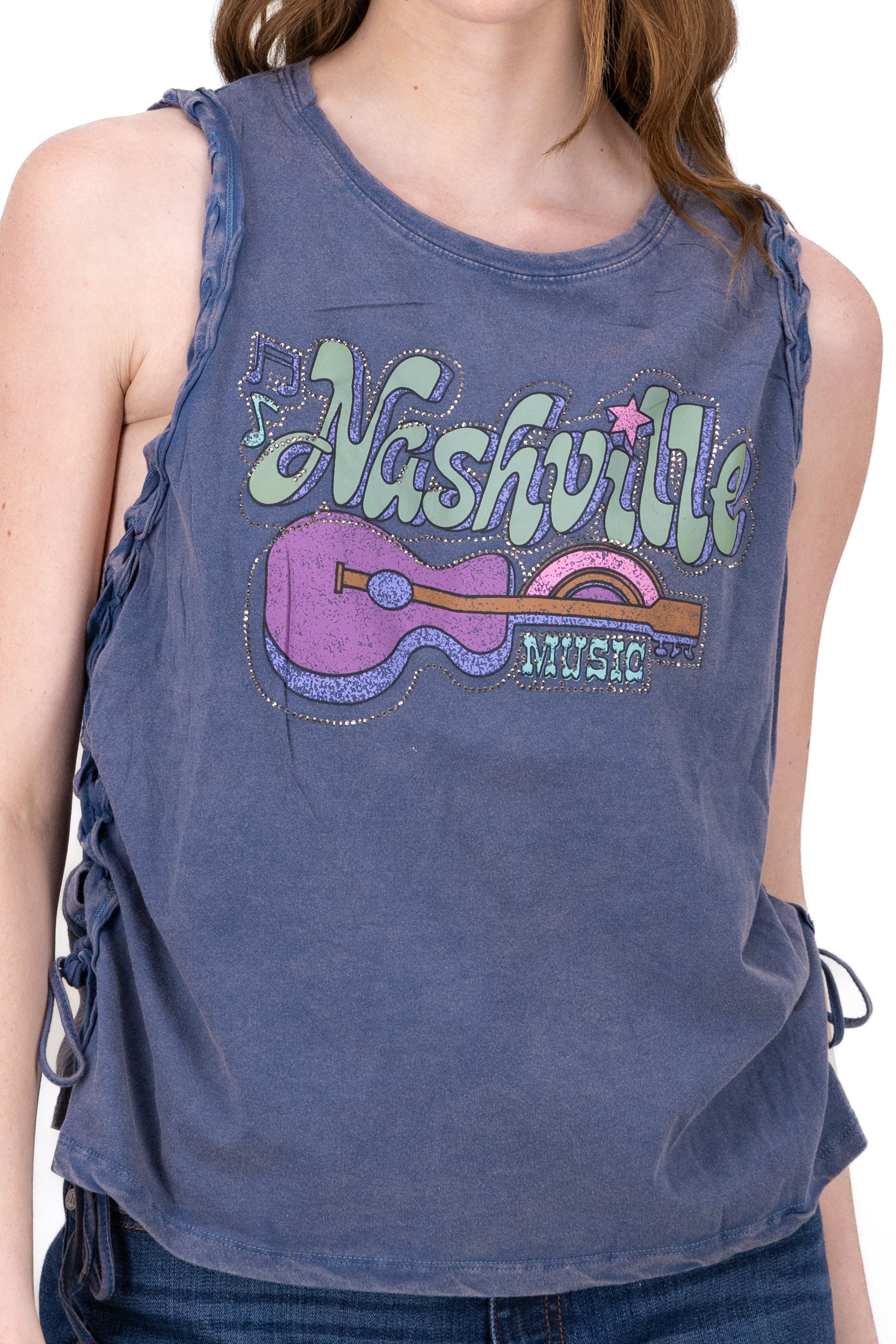 Top Acid Wash Nashville Print BLUE