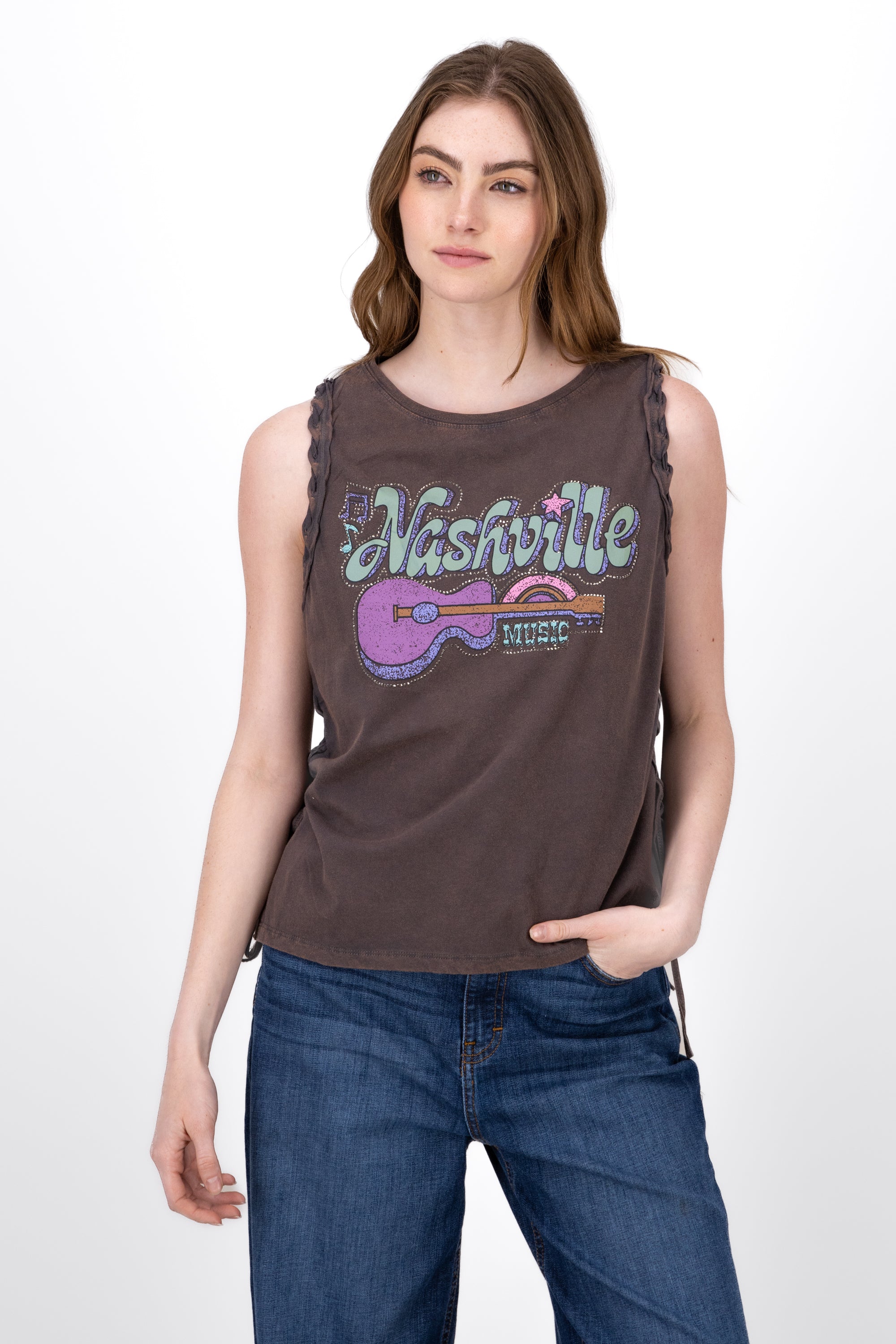 Top Acid Wash Nashville Print COFFEE