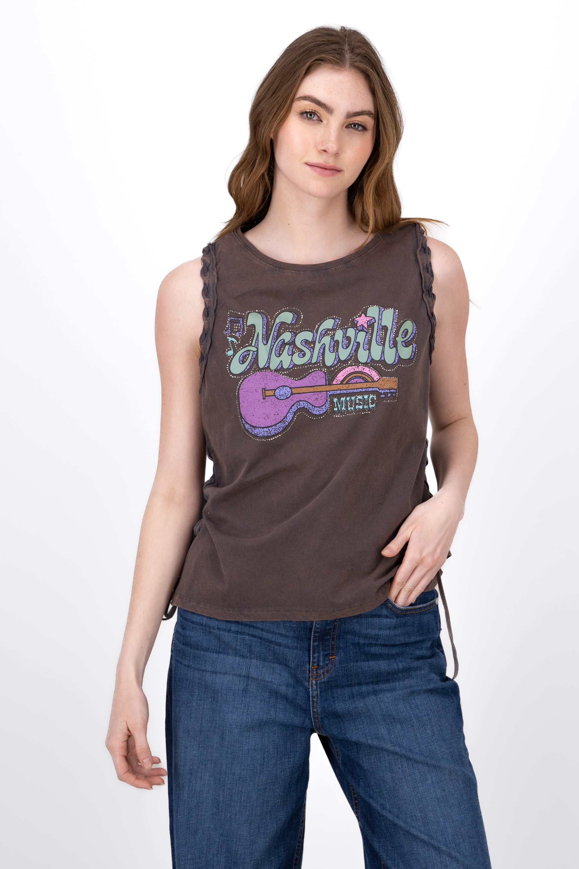 Top Acid Wash Nashville Print COFFEE