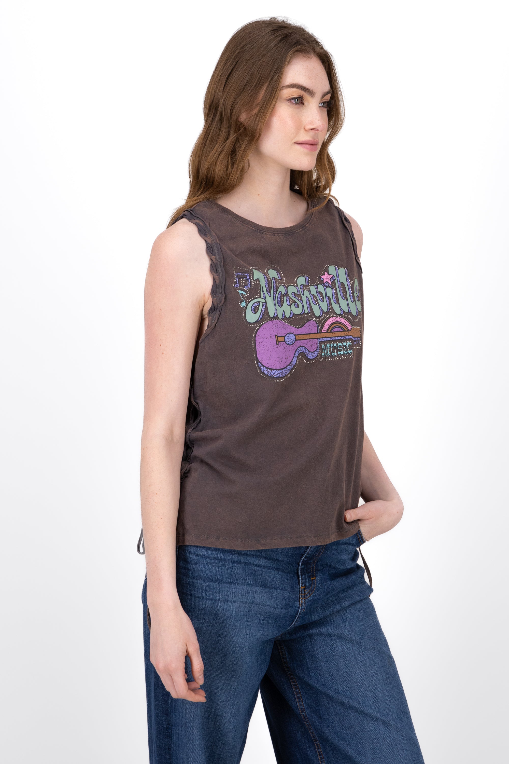 Top Acid Wash Nashville Print COFFEE