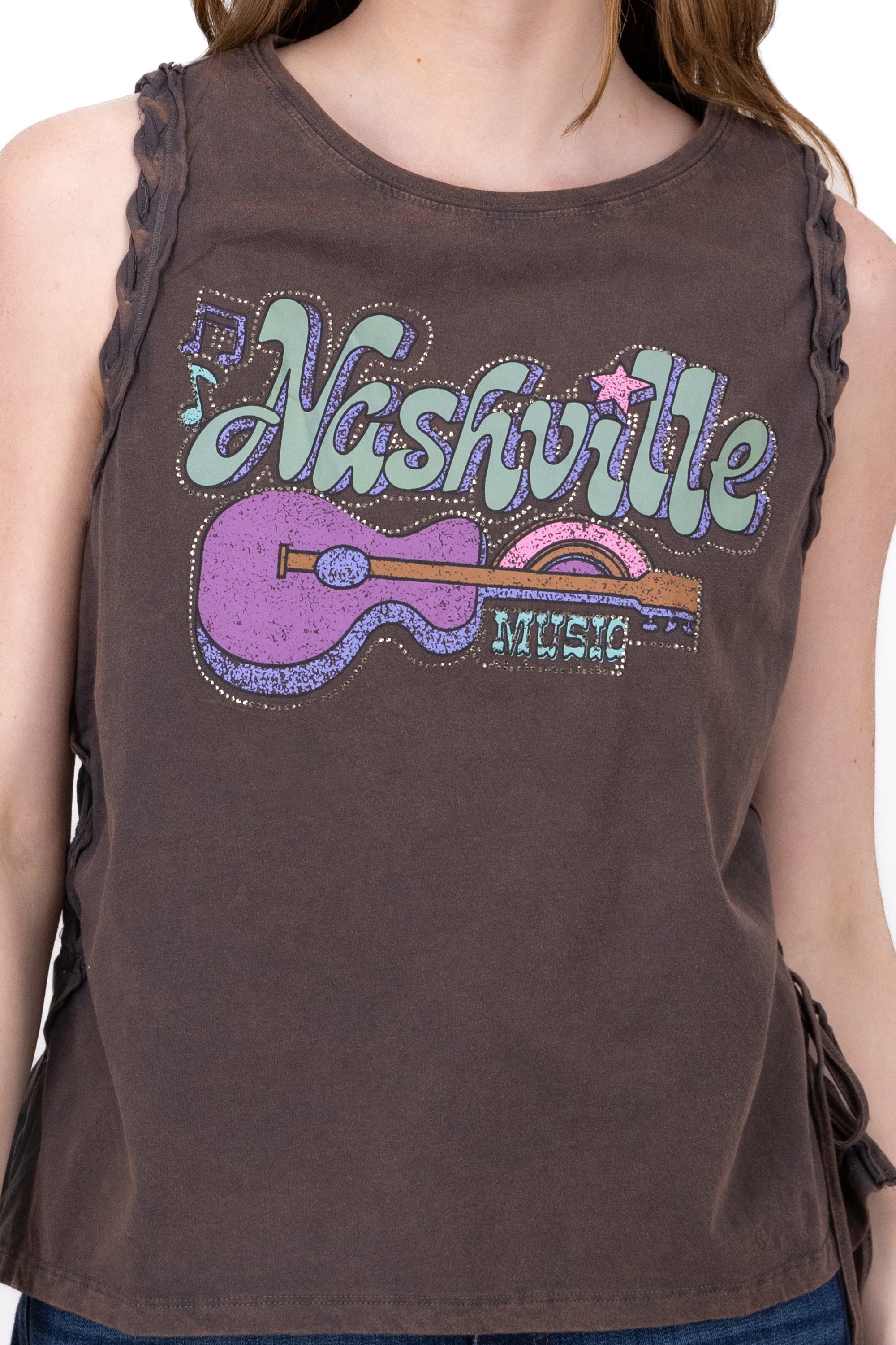 Top Acid Wash Nashville Print COFFEE