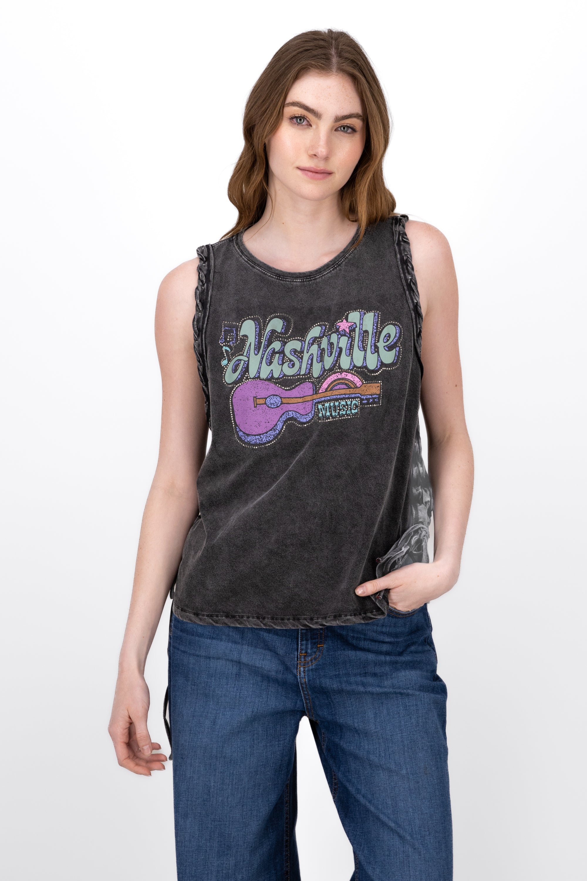 Top Acid Wash Nashville Print BLACK