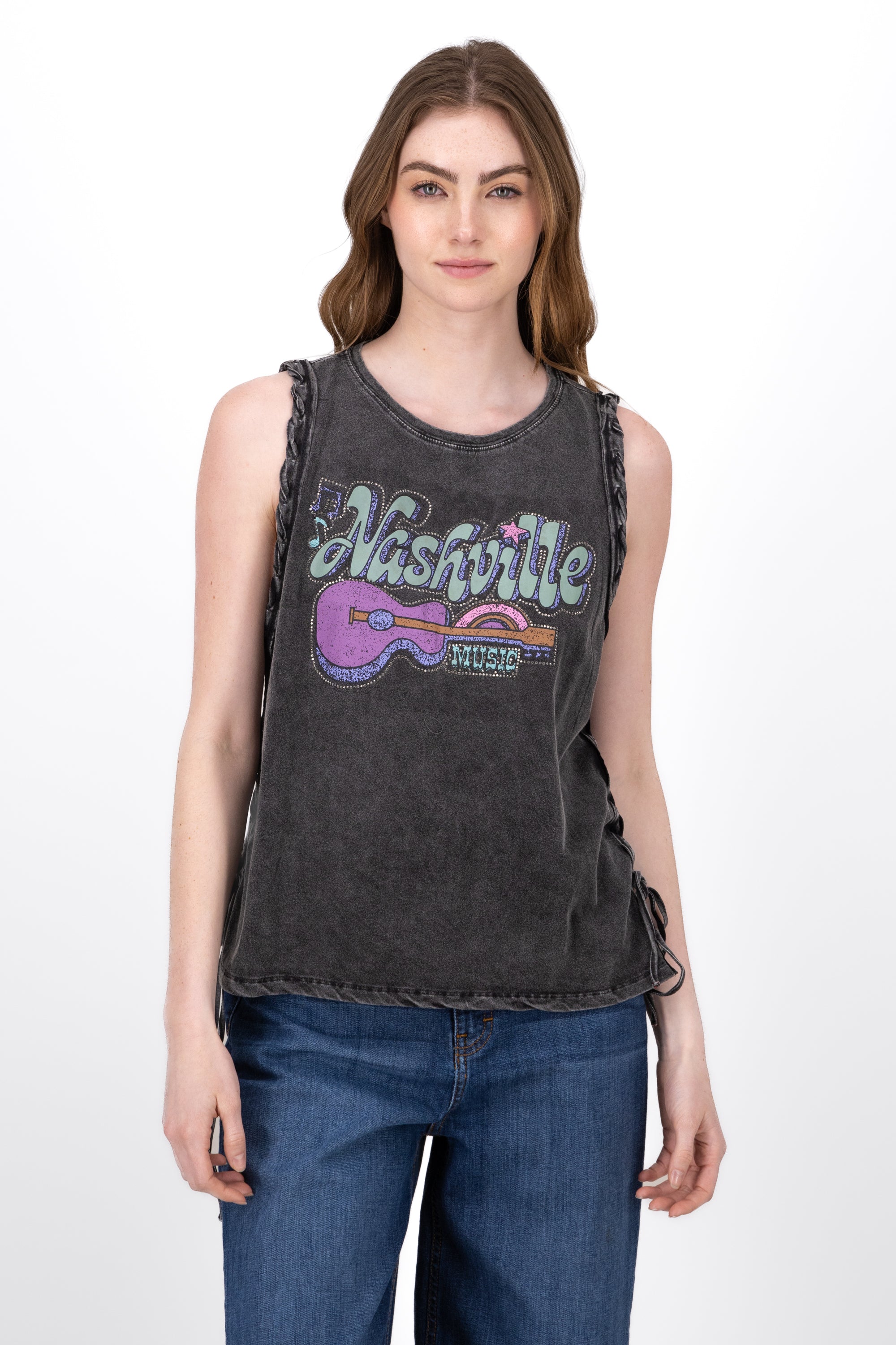 Top Acid Wash Nashville Print BLACK