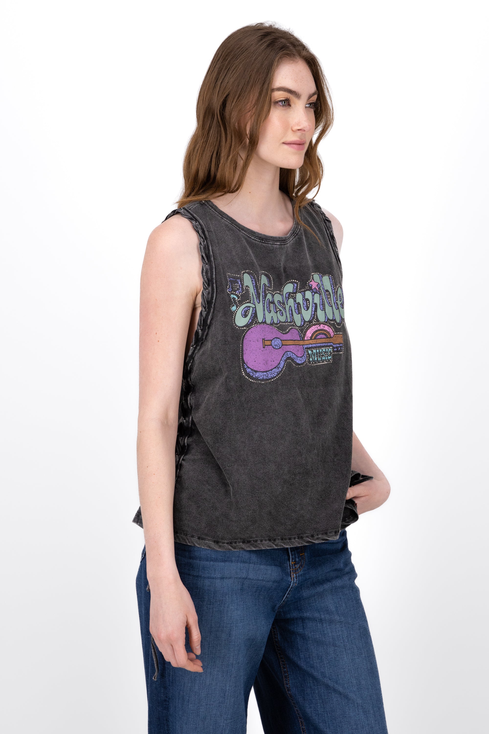 Top Acid Wash Nashville Print BLACK