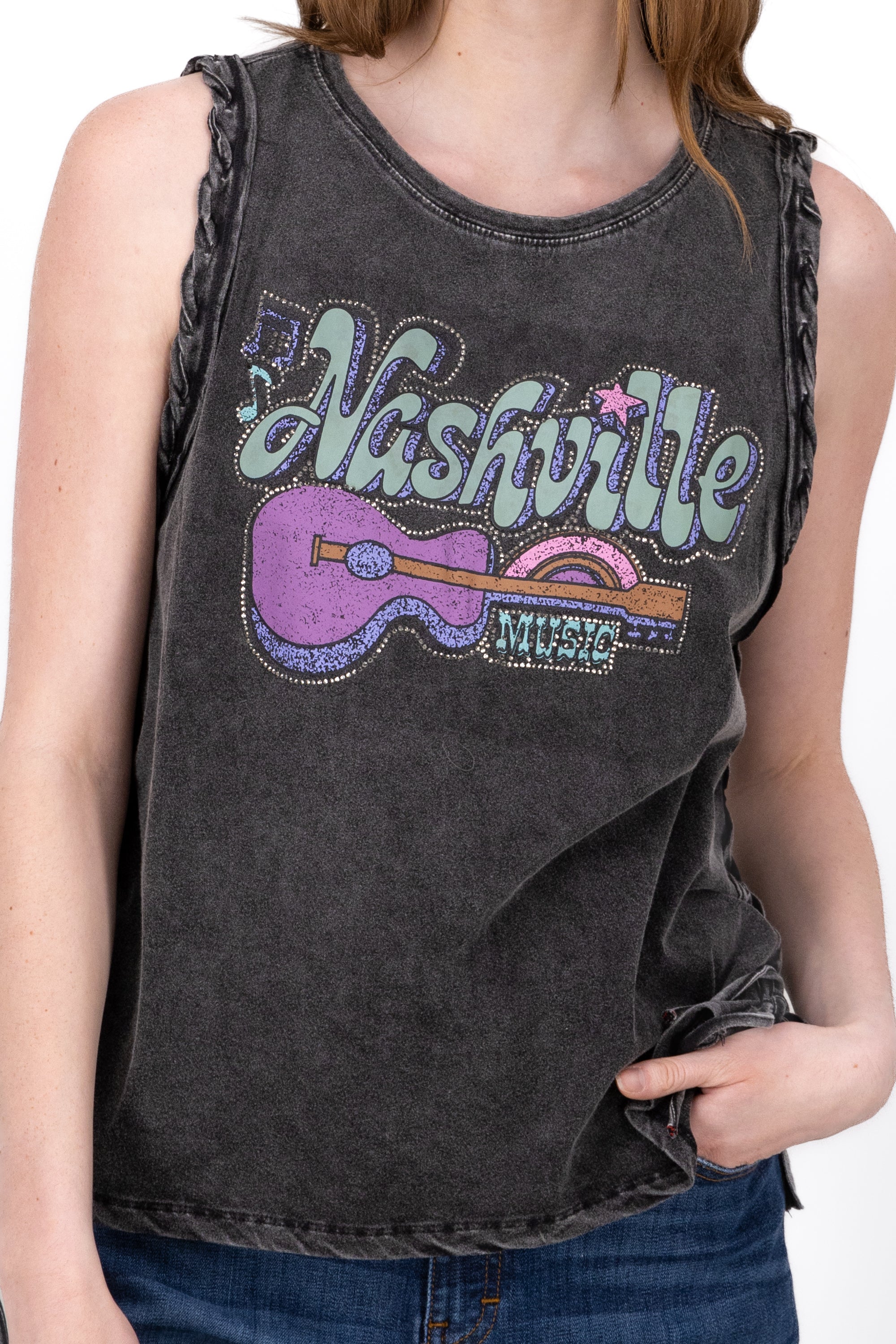 Top Acid Wash Nashville Print BLACK