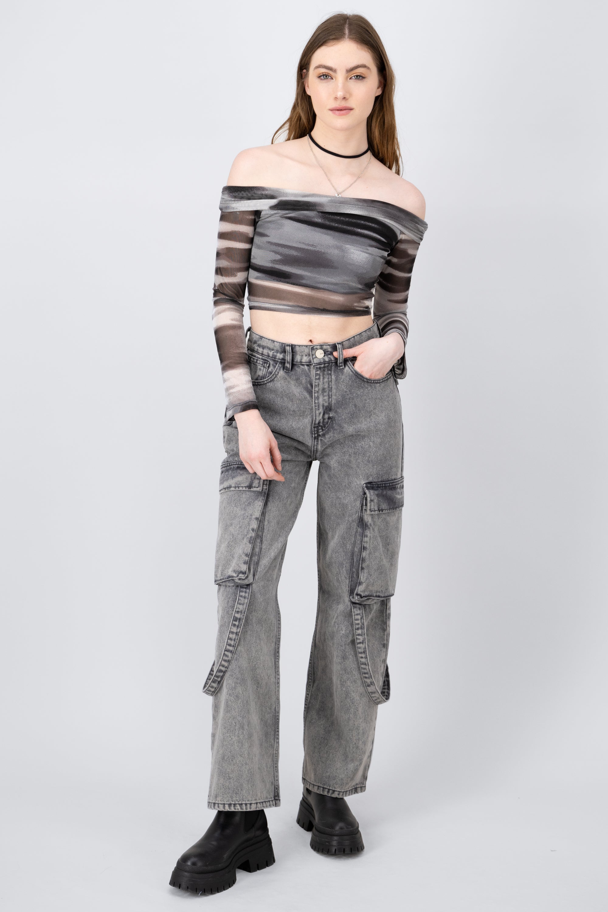 Jeans wide leg charge tapes Light gray