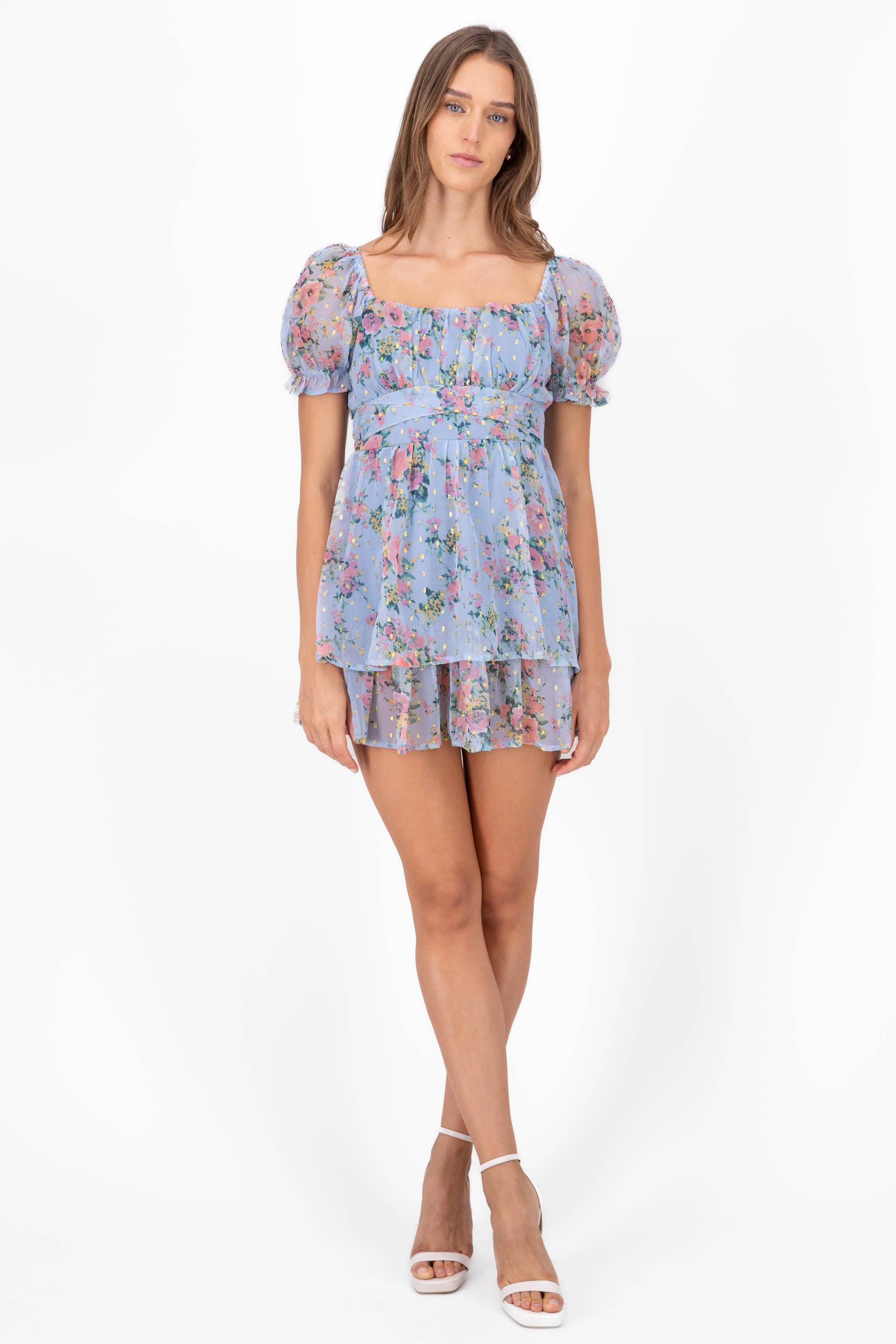 Vestido con estampado de flores y lurex de olanes AZUL COMBO