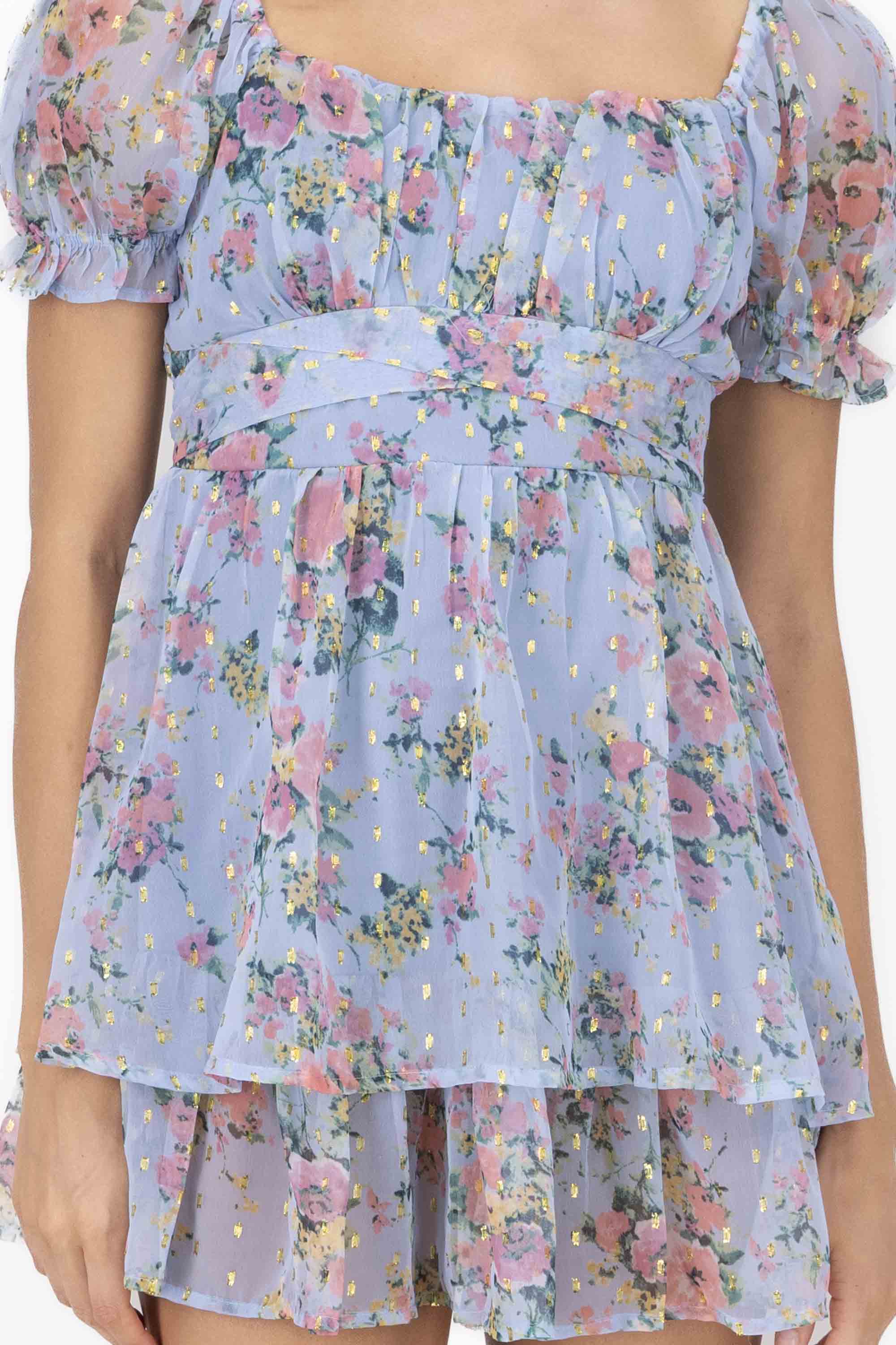 Vestido con estampado de flores y lurex de olanes AZUL COMBO