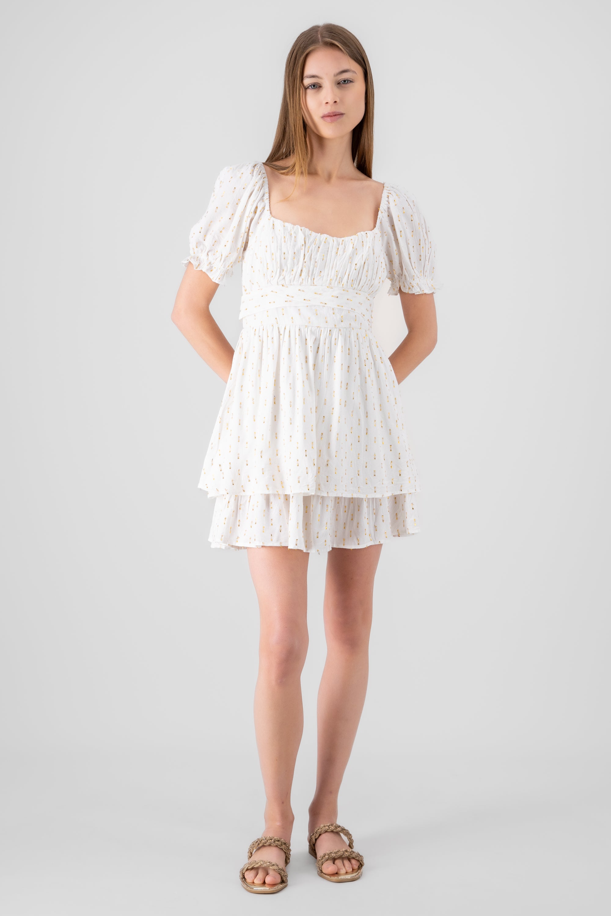 Vestido de manga larga con detalle de lurex BLANCO COMBO
