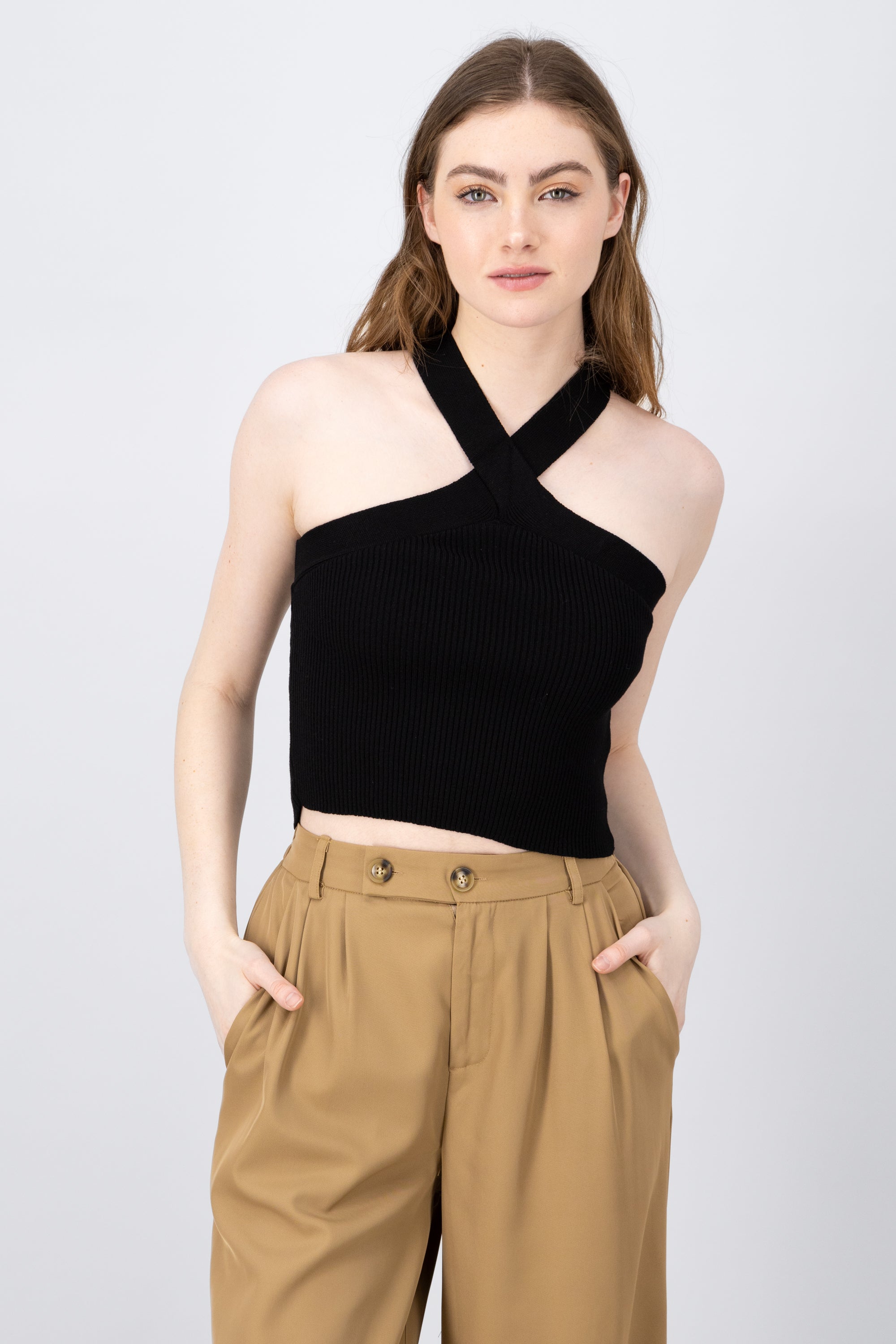 TOP HALTER POINT FABRIC BLACK