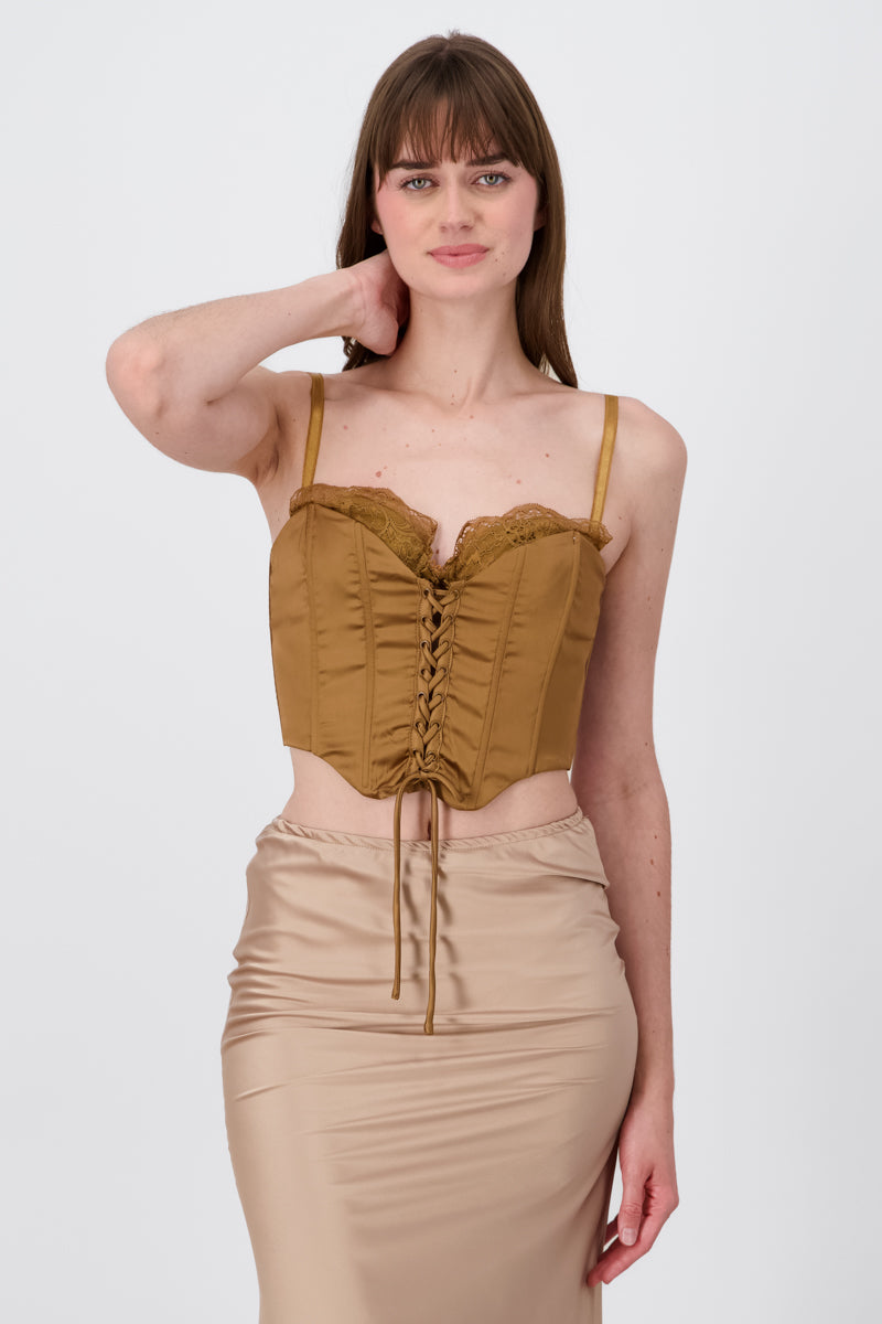 Corset satin blouse with lace up COFFEE