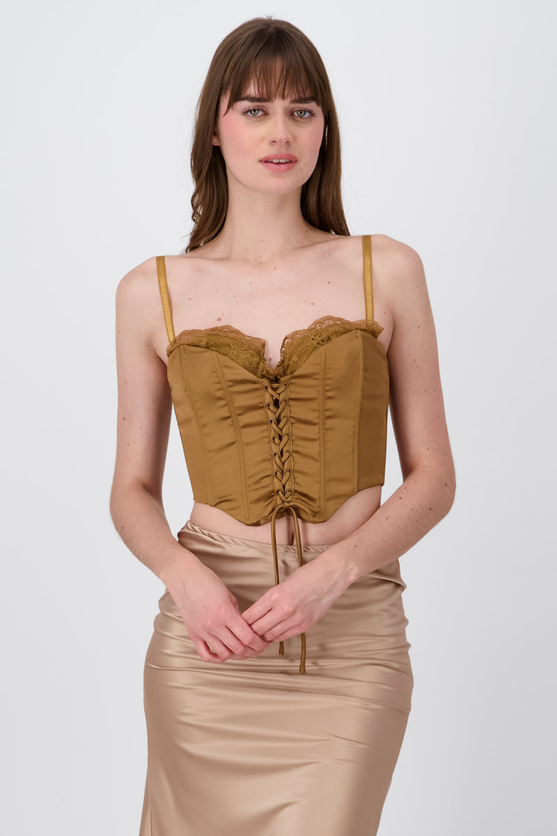 Corset satin blouse with lace up COFFEE