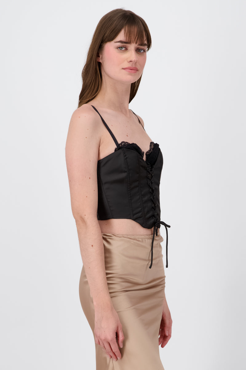 Corset satin blouse with lace up BLACK