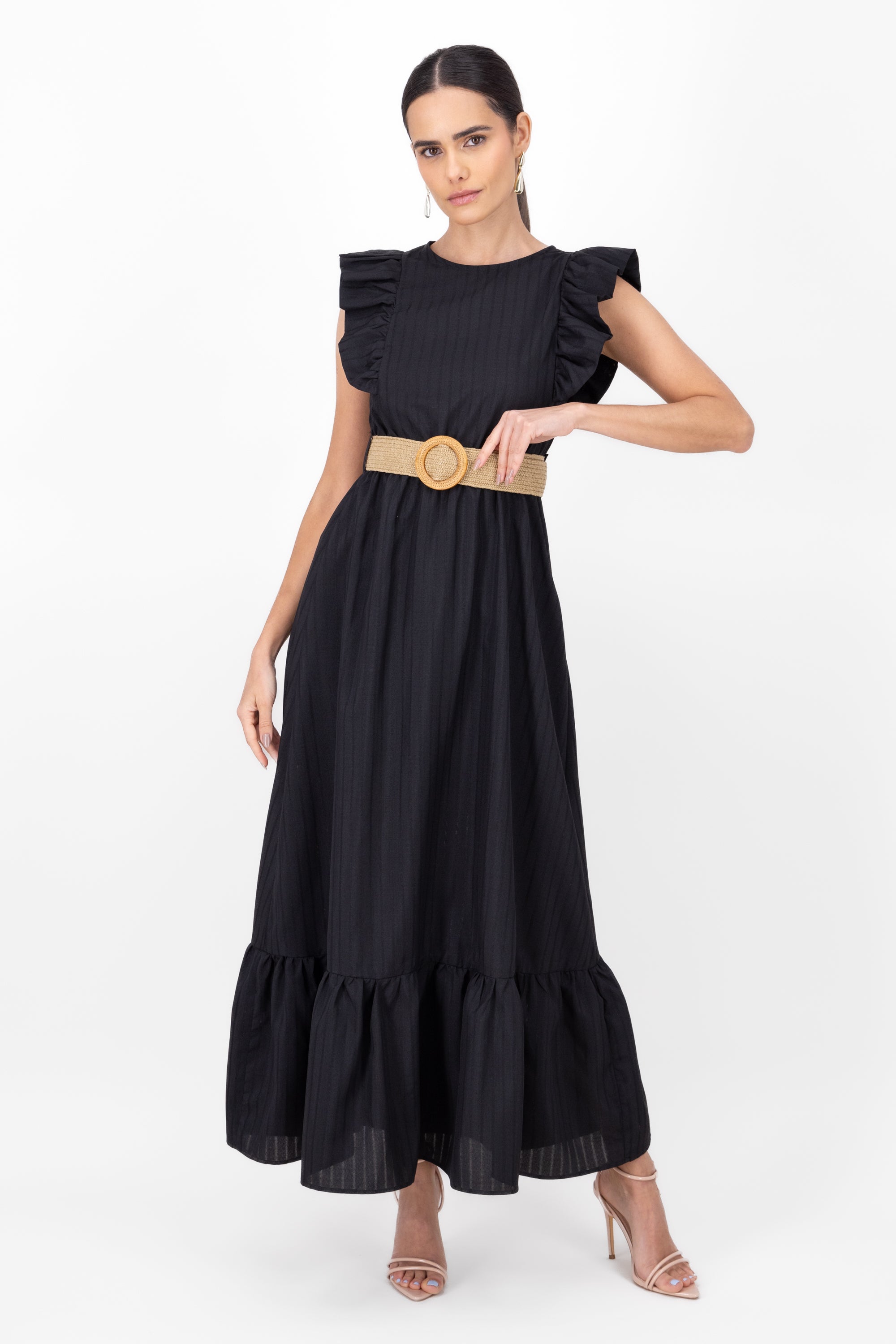 Vestido maxi lino con cinturon tejido Hypsters NEGRO