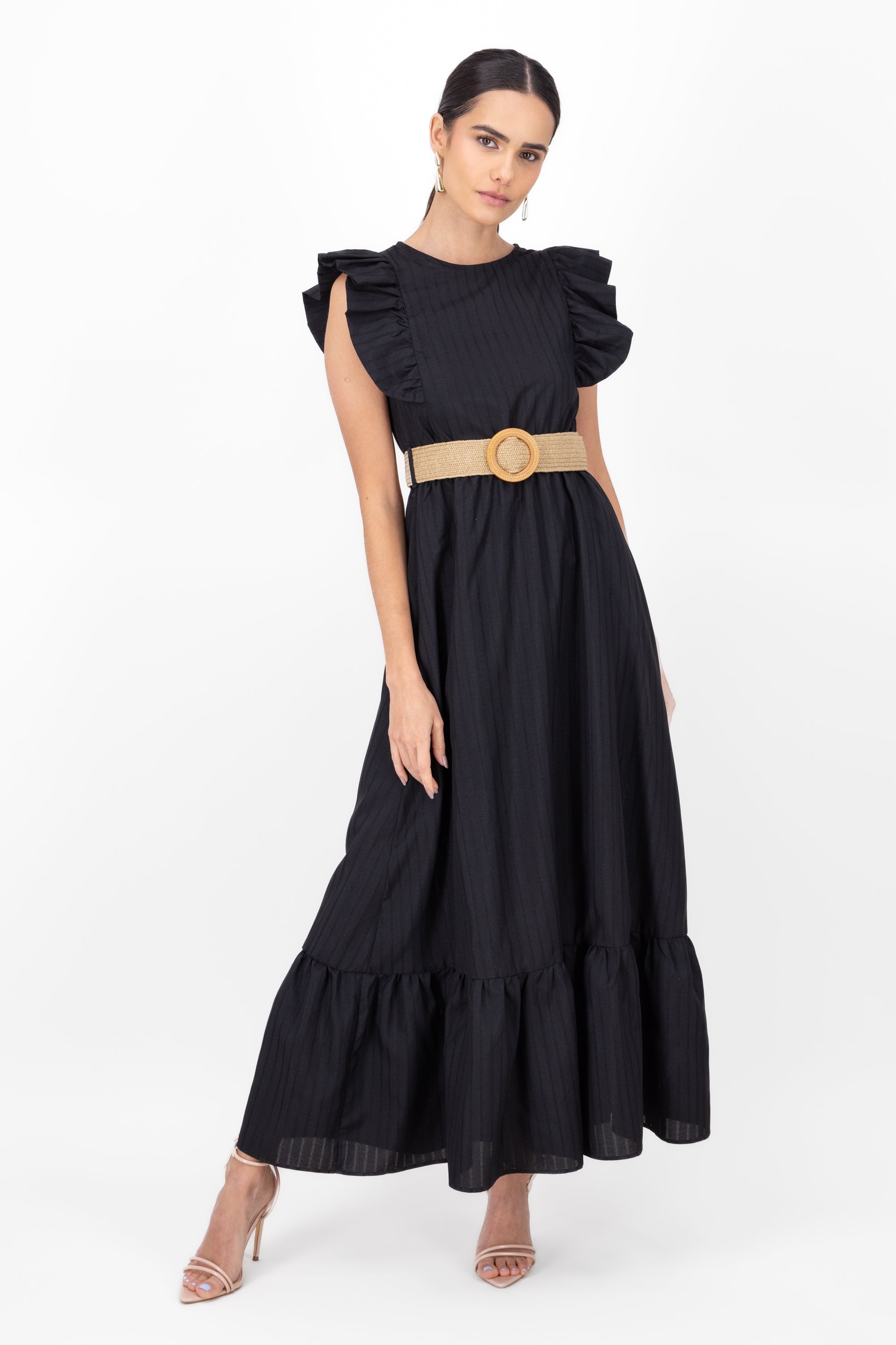 Vestido maxi lino con cinturon tejido Hypsters NEGRO