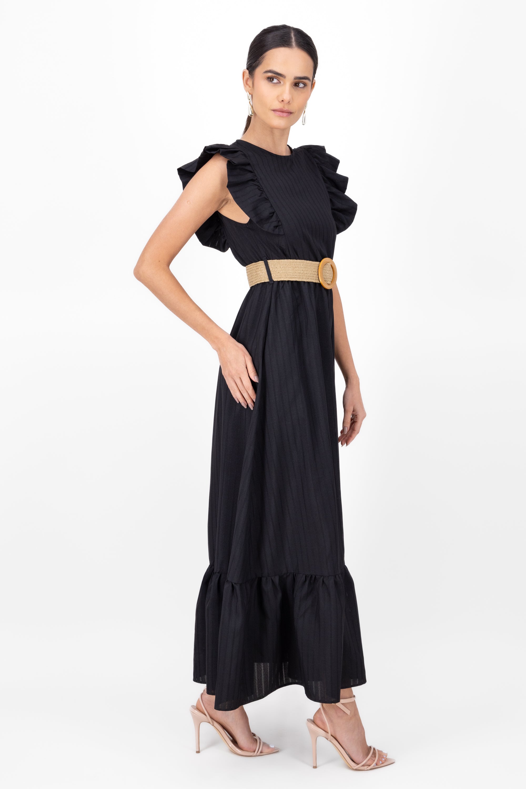 Vestido maxi lino con cinturon tejido Hypsters NEGRO