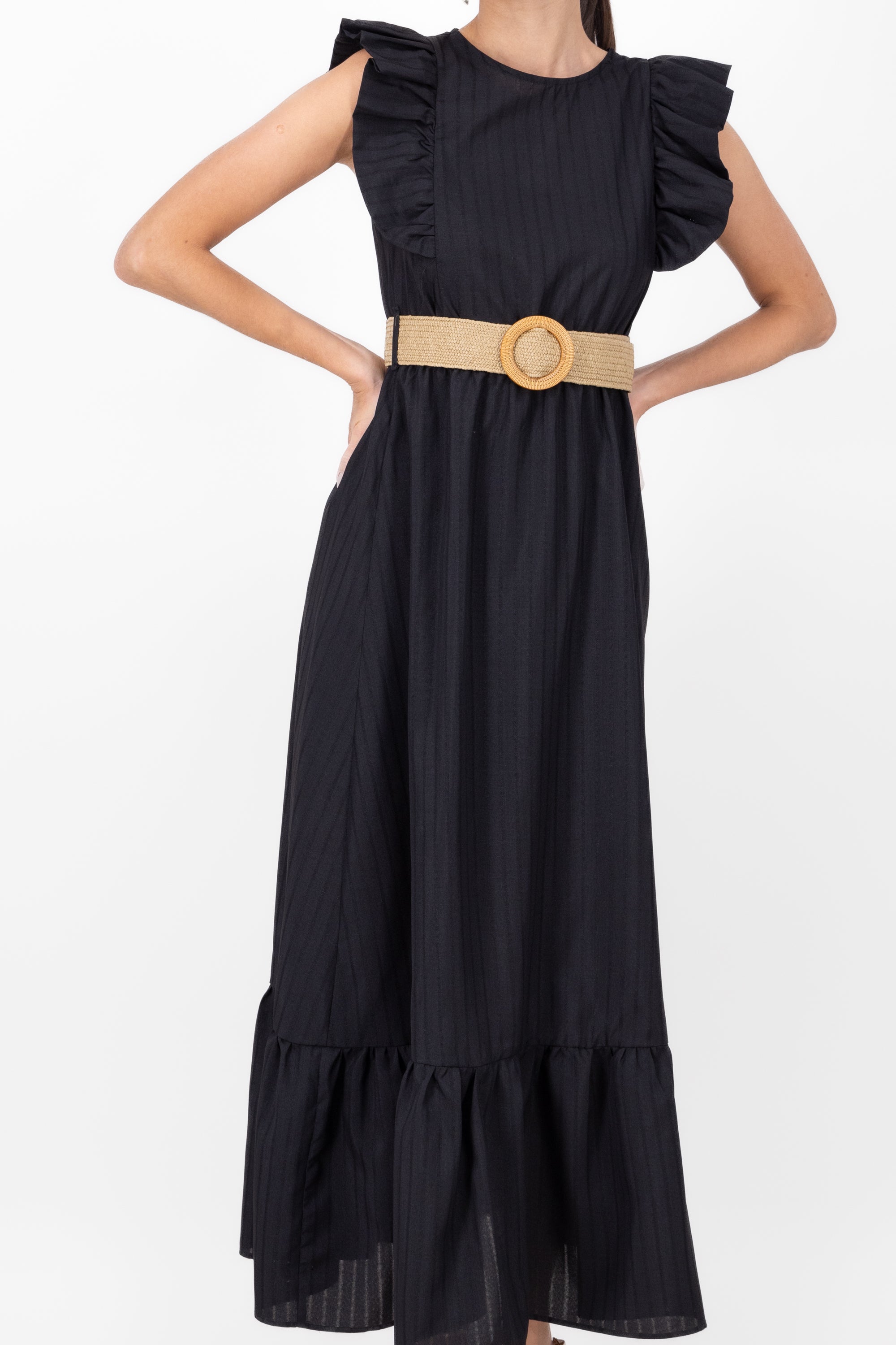 Vestido maxi lino con cinturon tejido Hypsters NEGRO