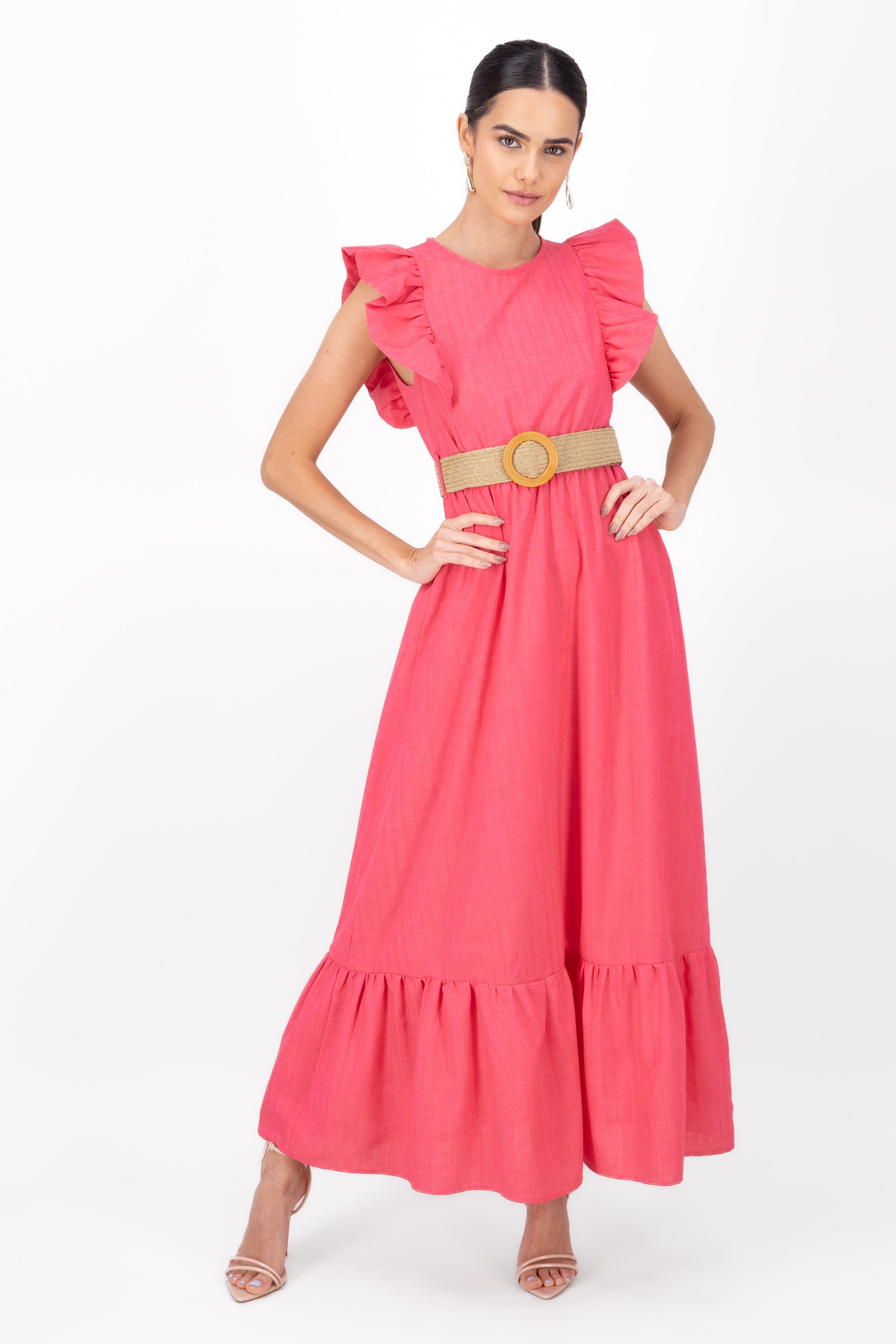 Vestido maxi lino con cinturon tejido Hypsters ROSA