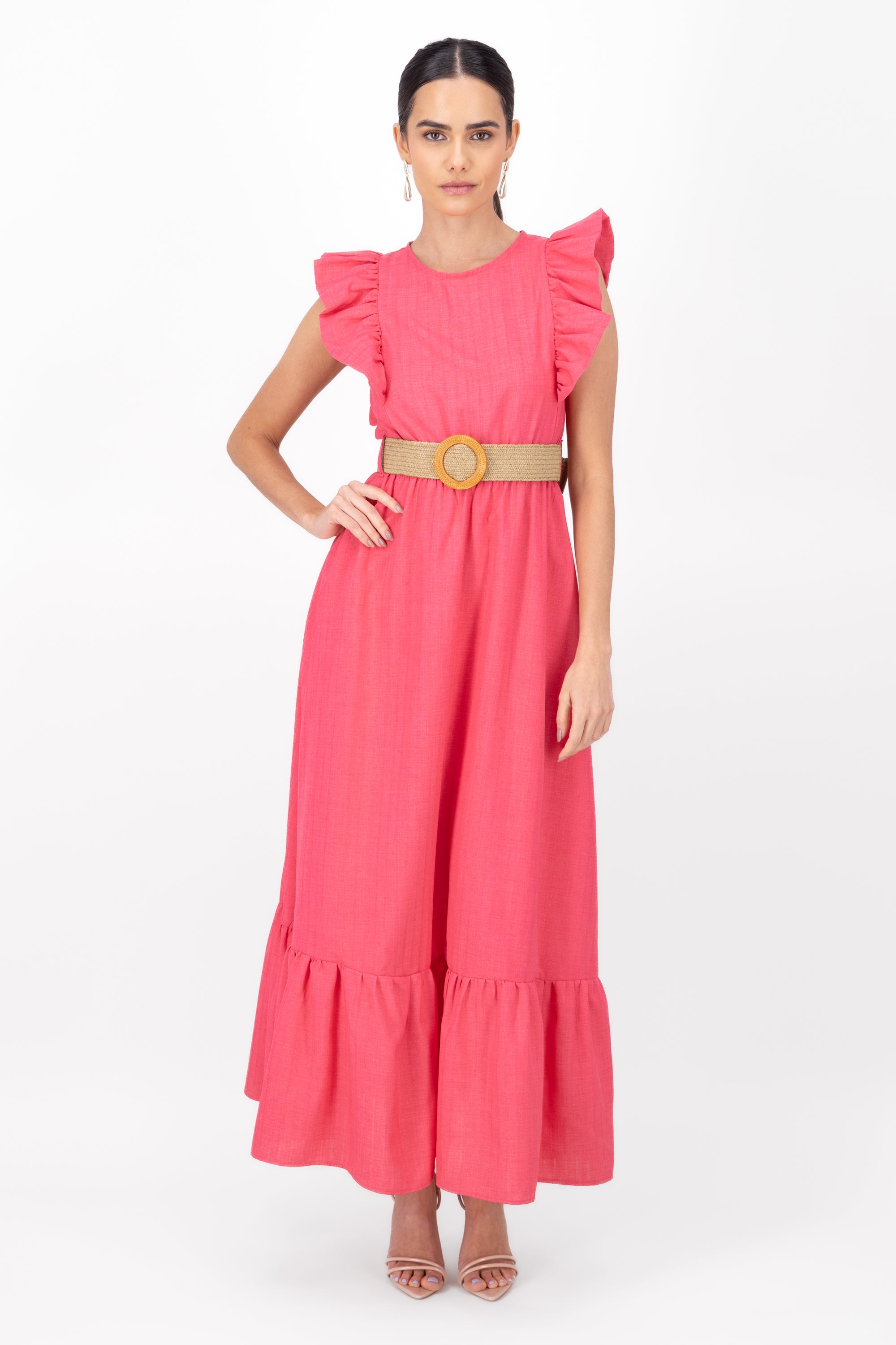 Vestido maxi lino con cinturon tejido Hypsters ROSA