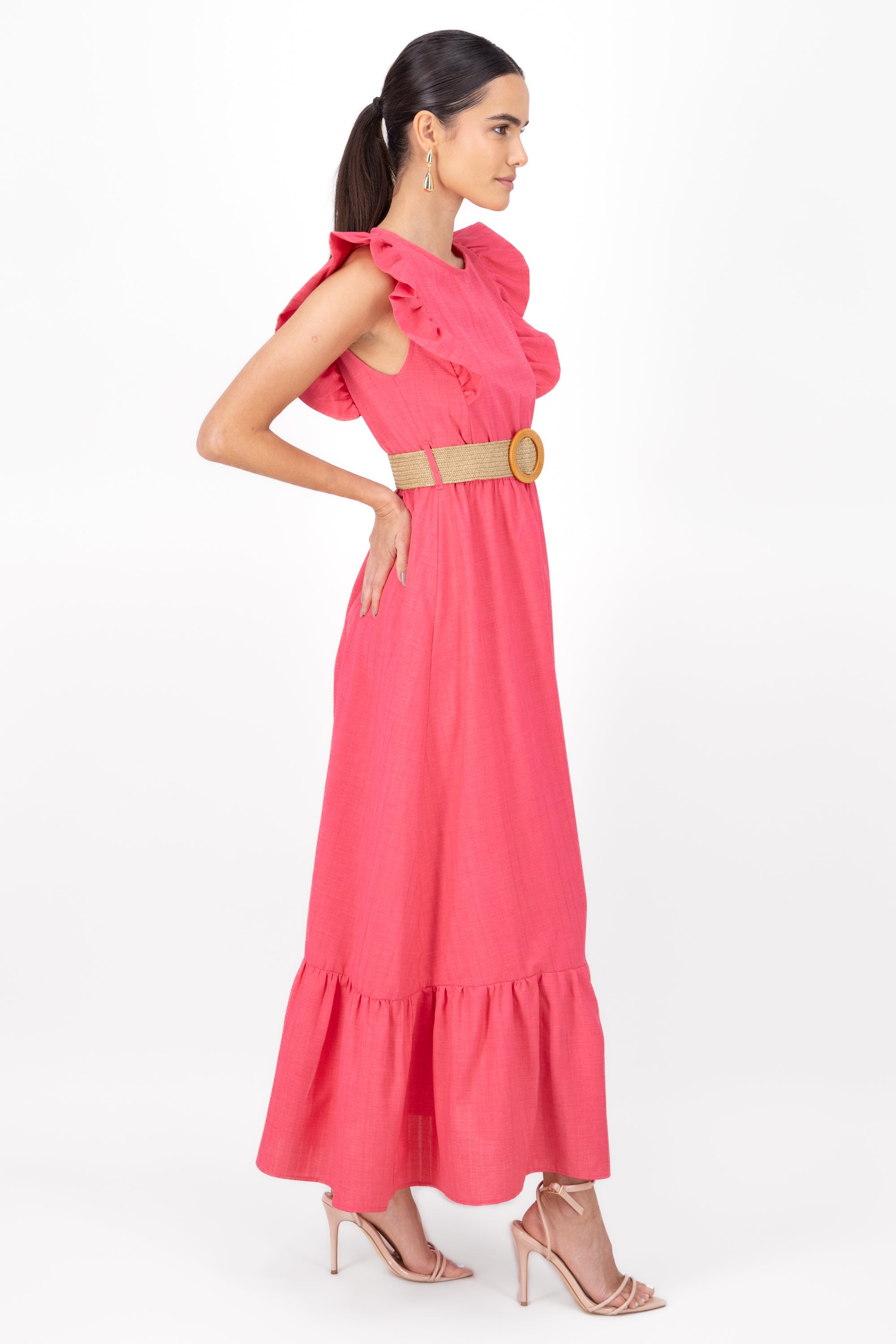 Vestido maxi lino con cinturon tejido Hypsters ROSA