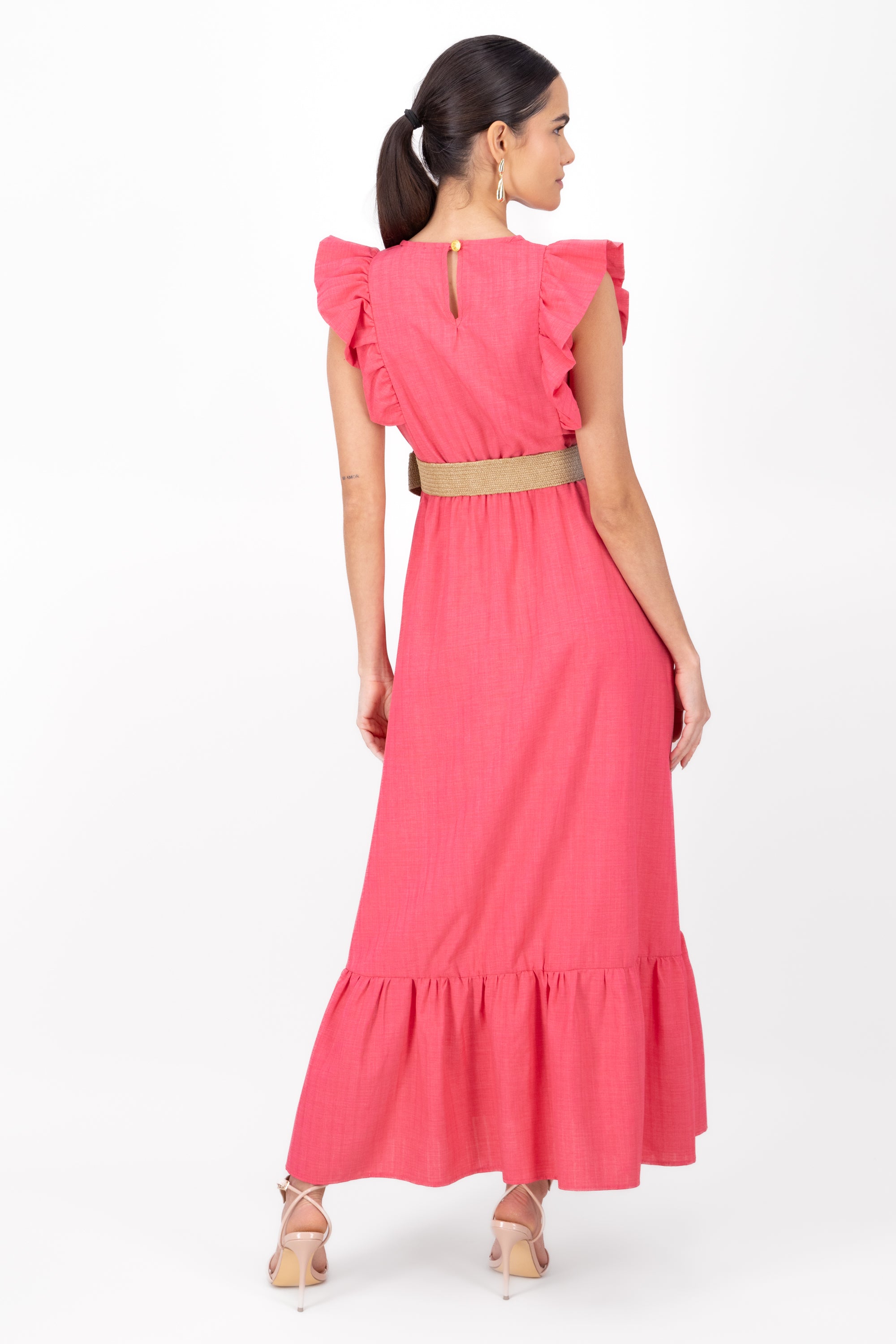 Vestido maxi lino con cinturon tejido Hypsters ROSA