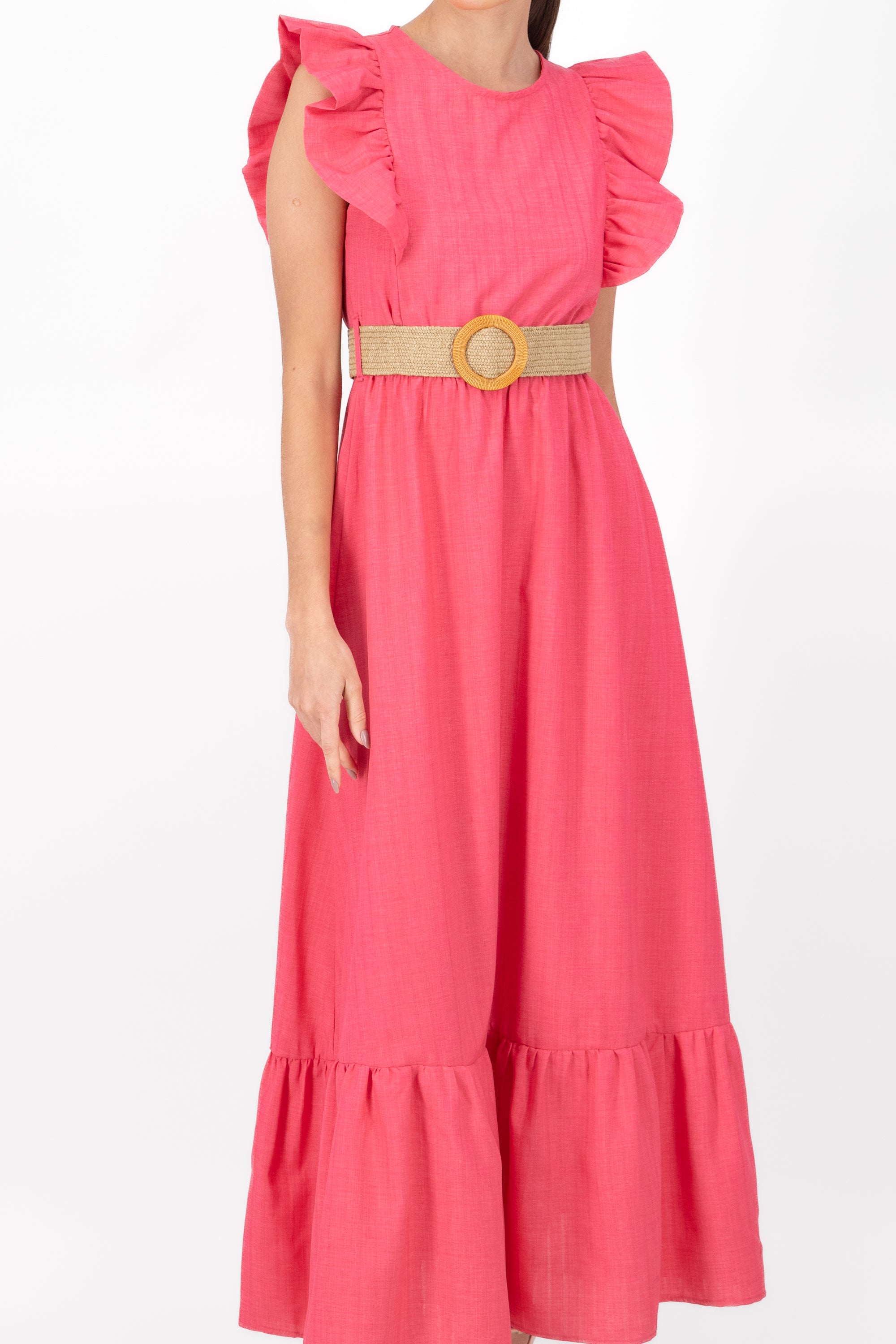 Vestido maxi lino con cinturon tejido Hypsters ROSA