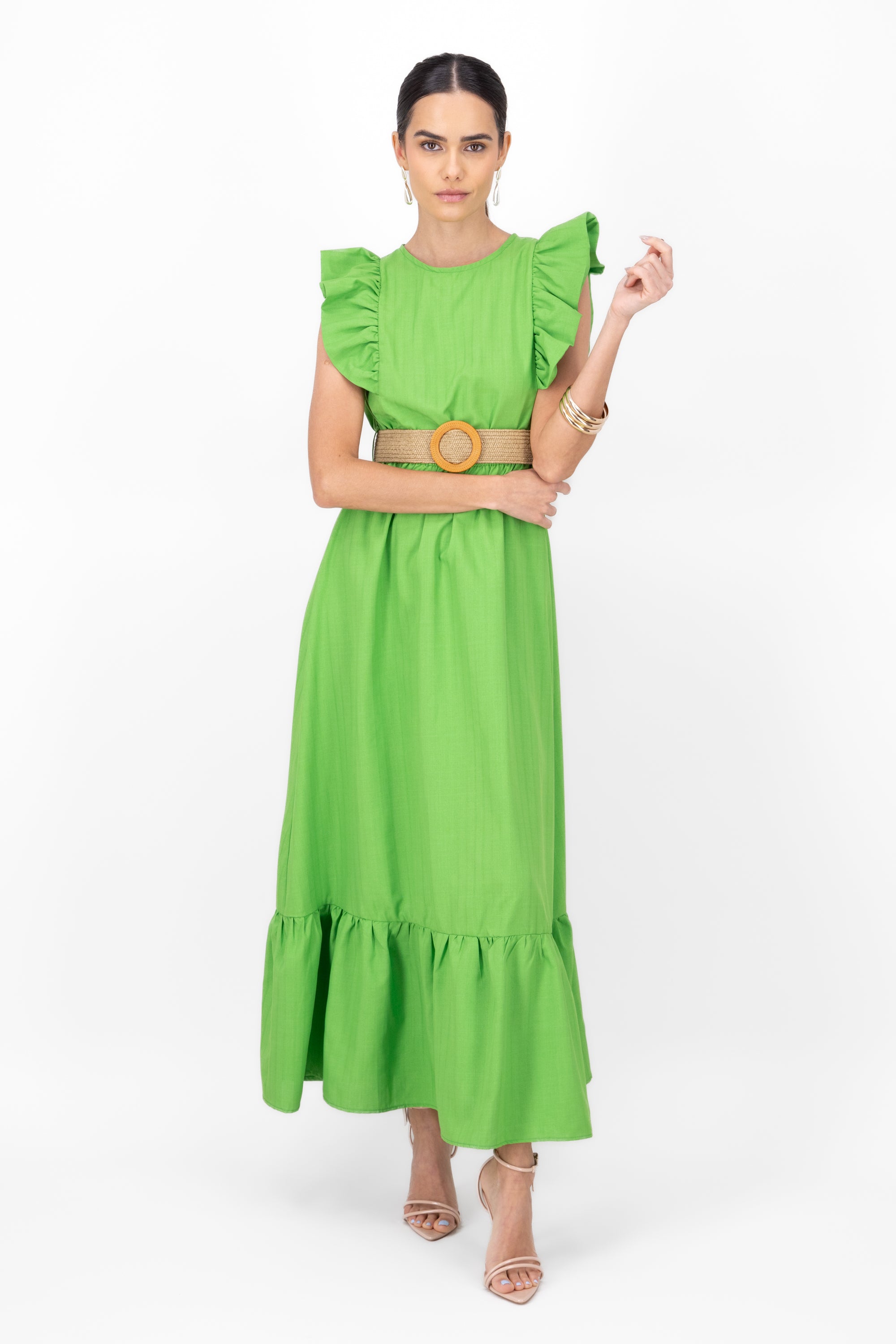 Vestido maxi lino con cinturon tejido Hypsters VERDE MANZANA