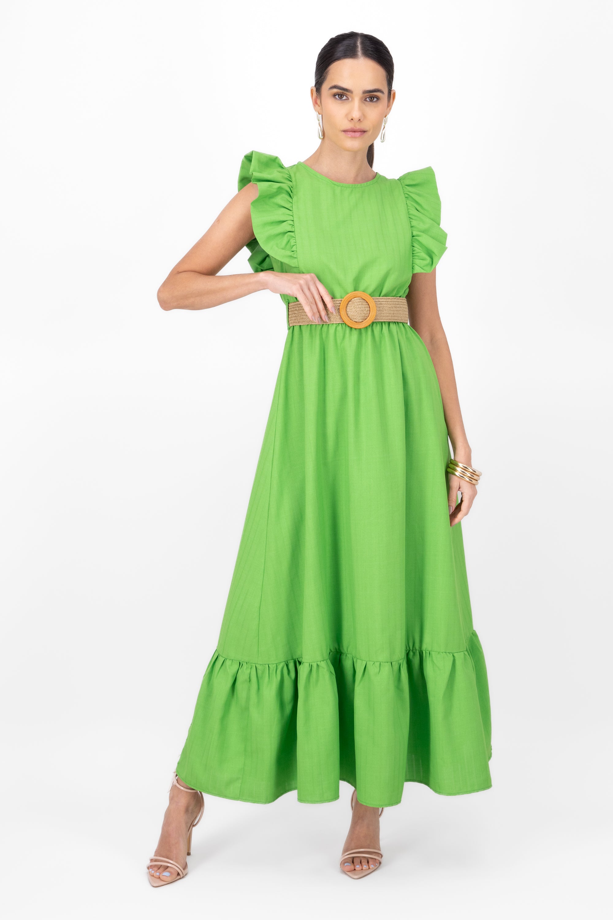 Vestido maxi lino con cinturon tejido Hypsters VERDE MANZANA