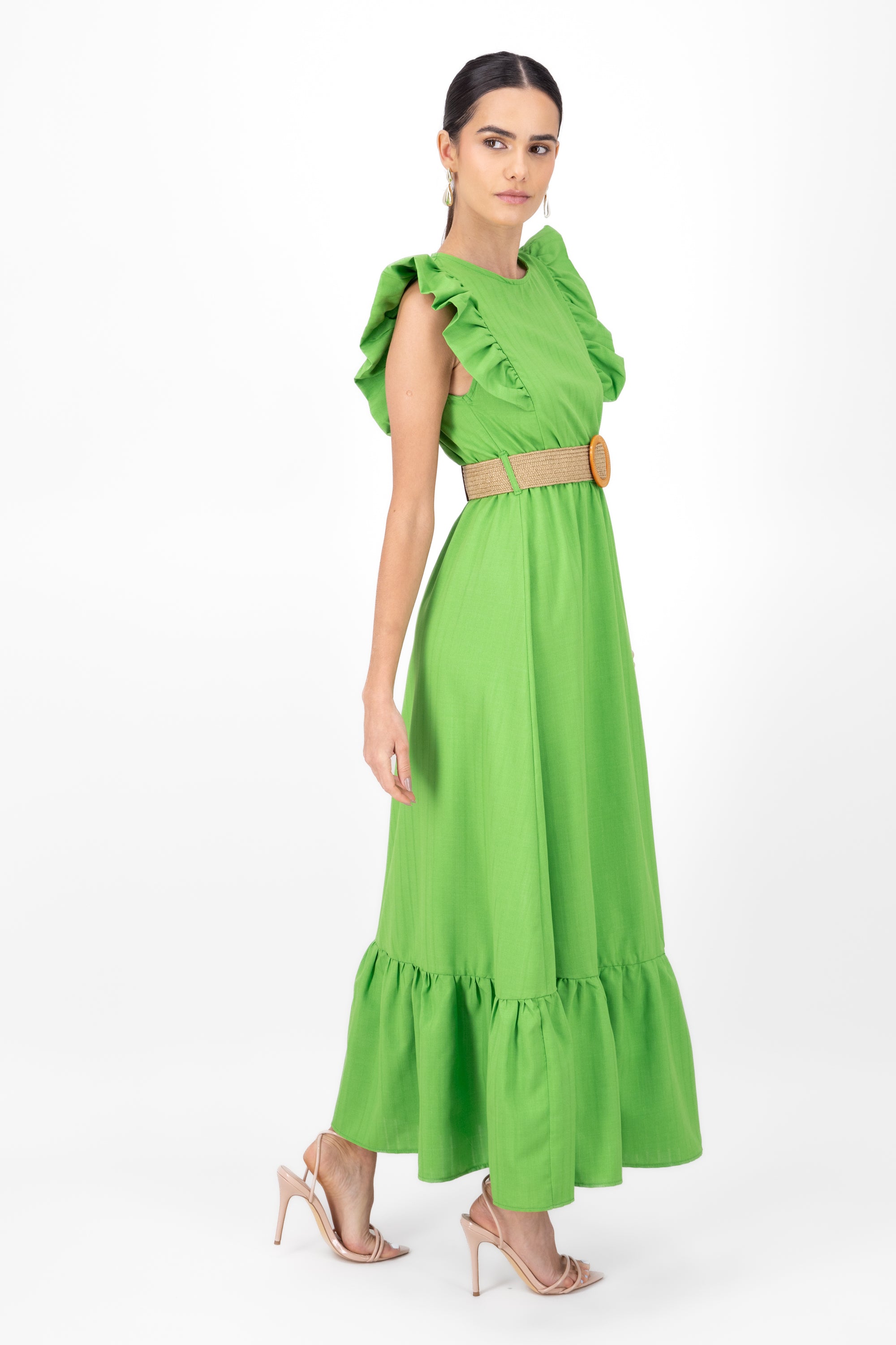 Vestido maxi lino con cinturon tejido Hypsters VERDE MANZANA