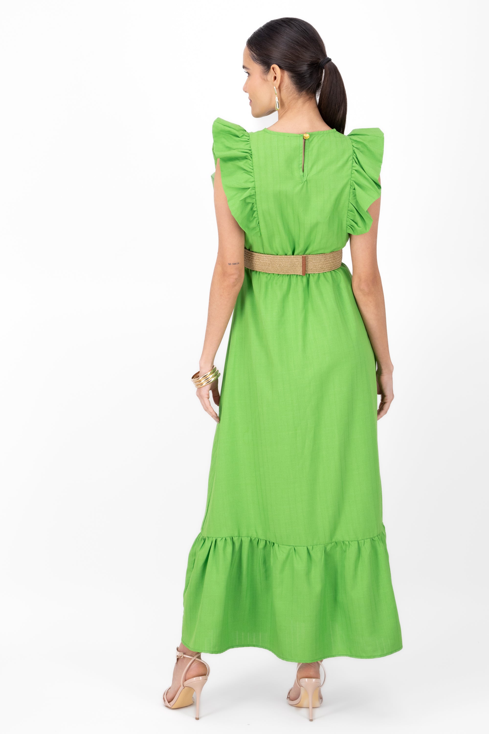 Vestido maxi lino con cinturon tejido Hypsters VERDE MANZANA