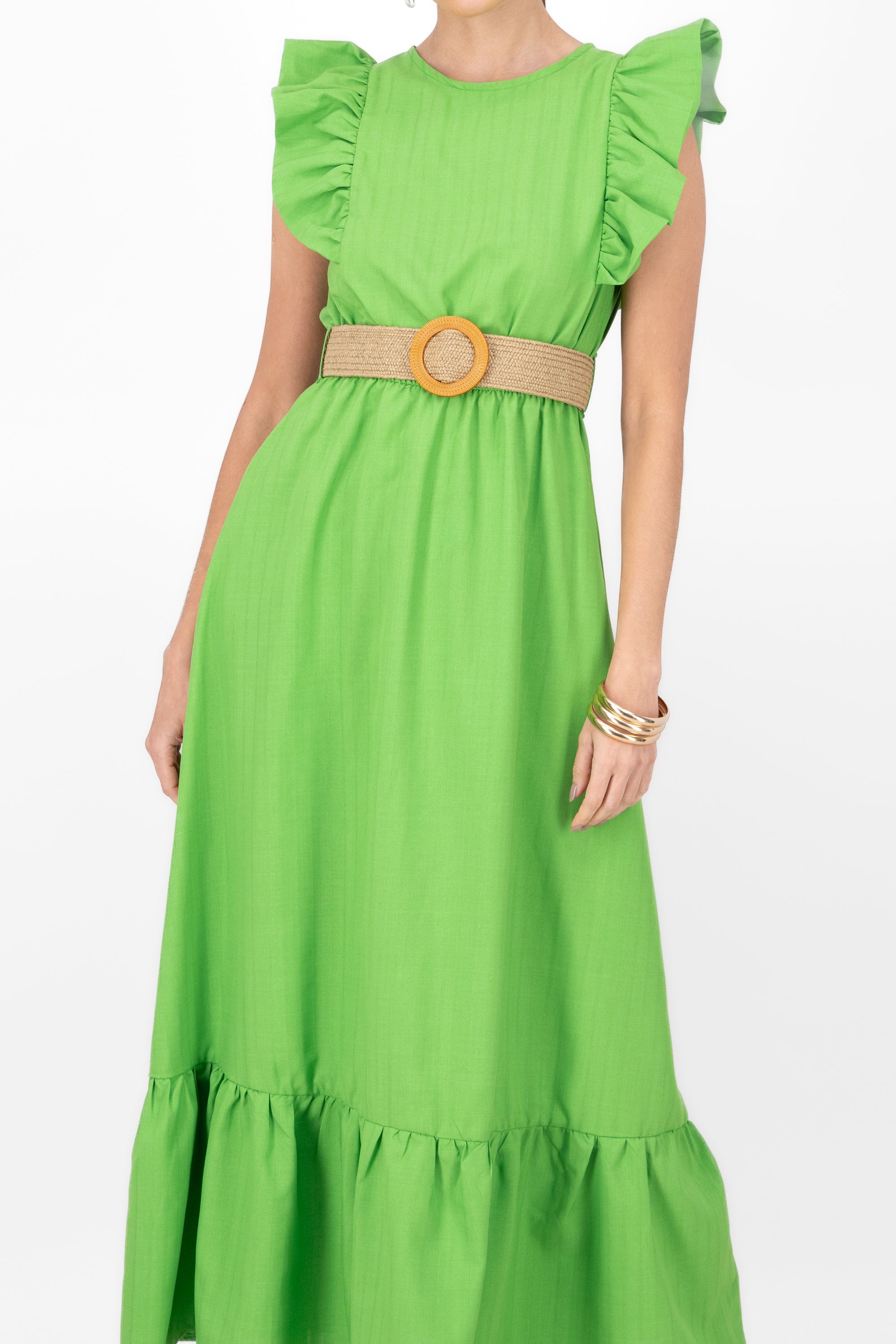 Vestido maxi lino con cinturon tejido Hypsters VERDE MANZANA