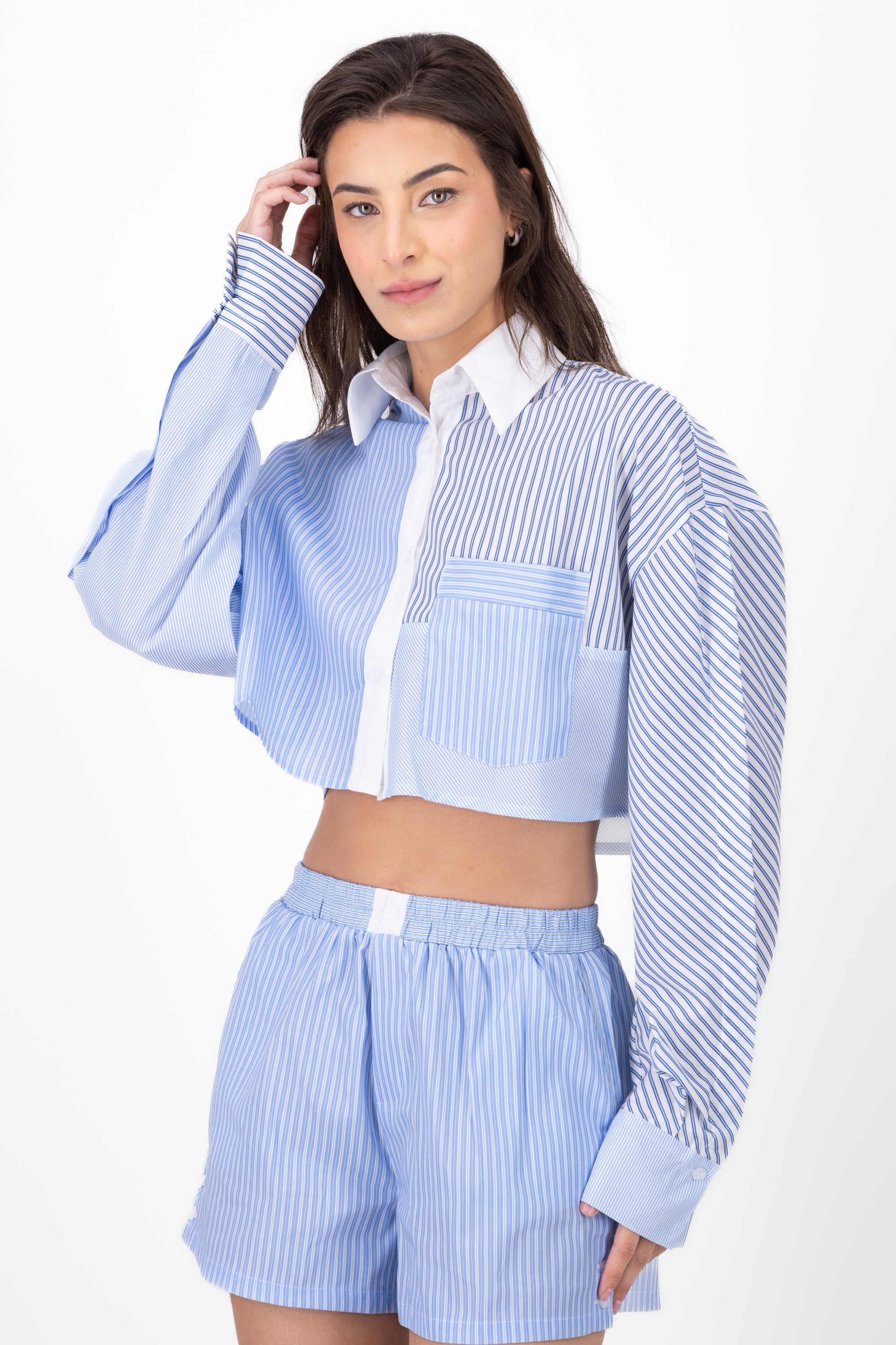 CROP shirt contrast stripes BLUE