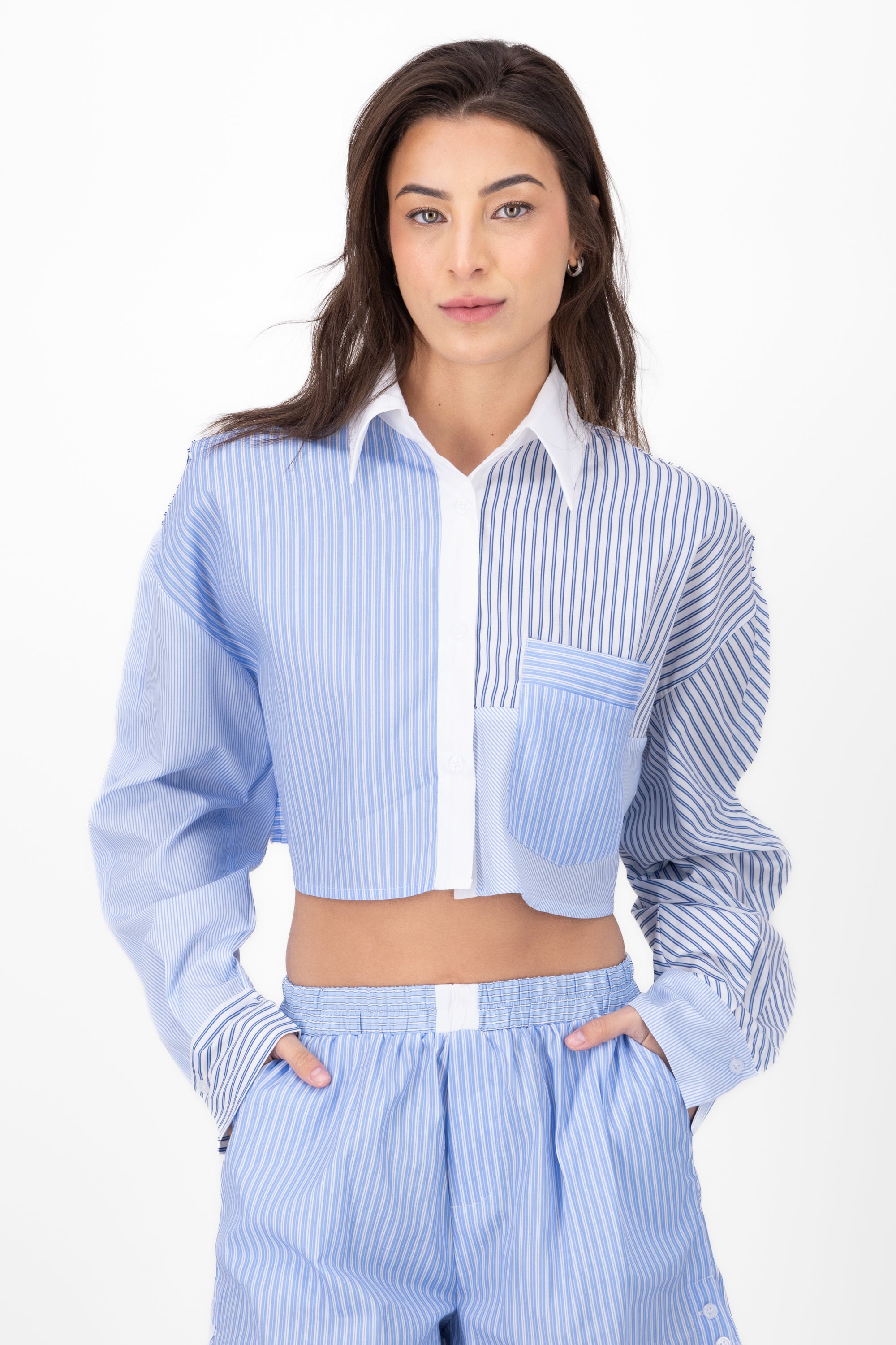 CROP shirt contrast stripes BLUE