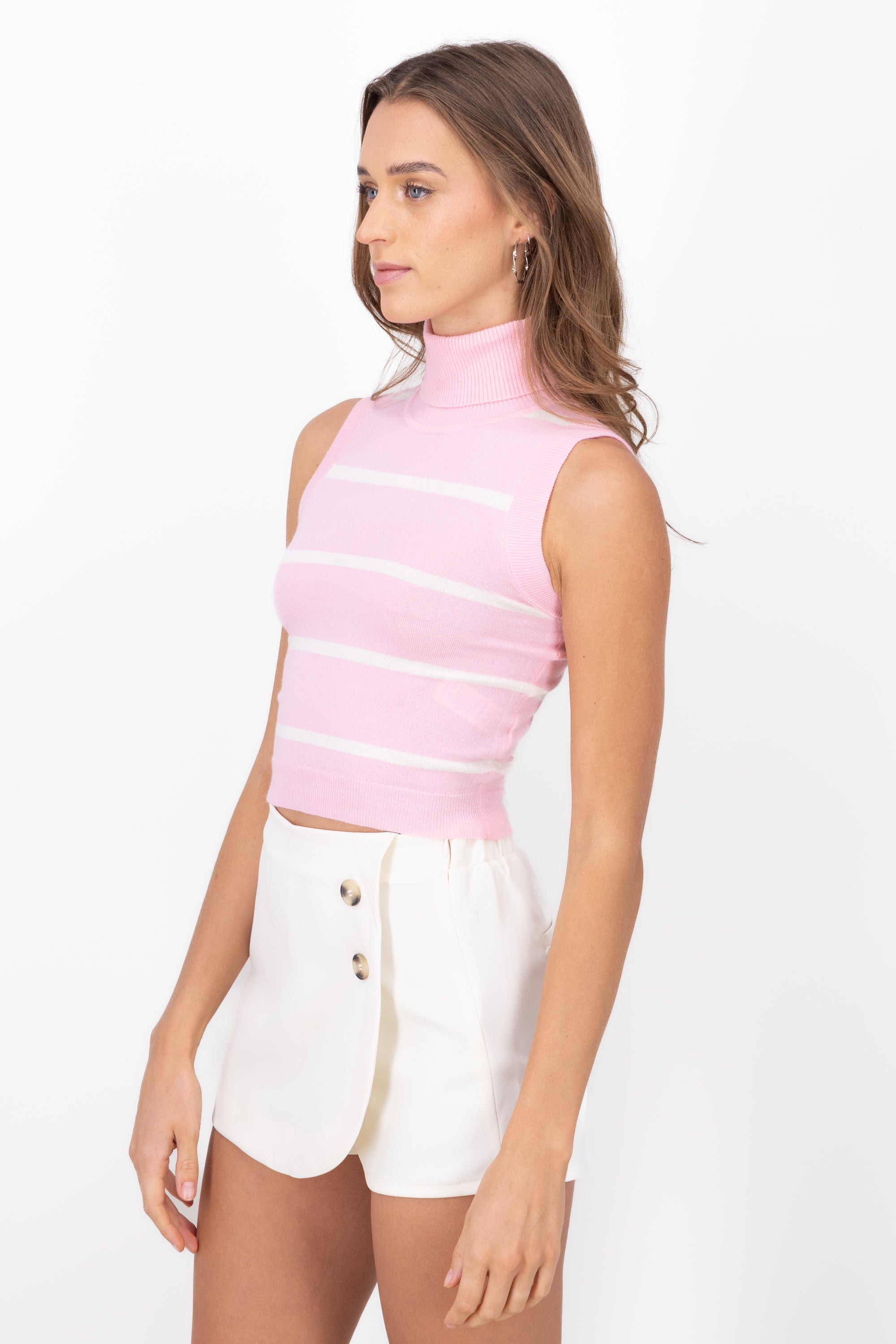 Top tejido cuello alto detalle rayas ROSA